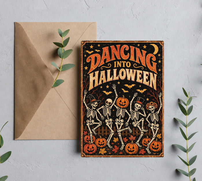Dancing Into Halloween vintage skeleton greeting card with kraft envelope