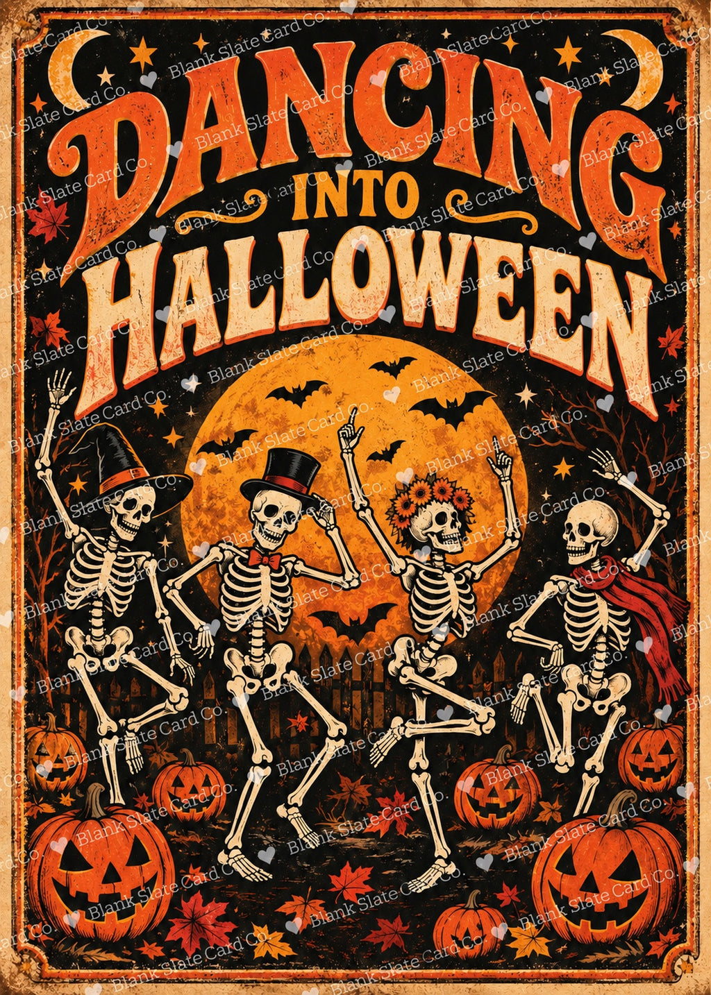 Dancing Into Halloween vintage skeleton Halloween card artwork with watermark