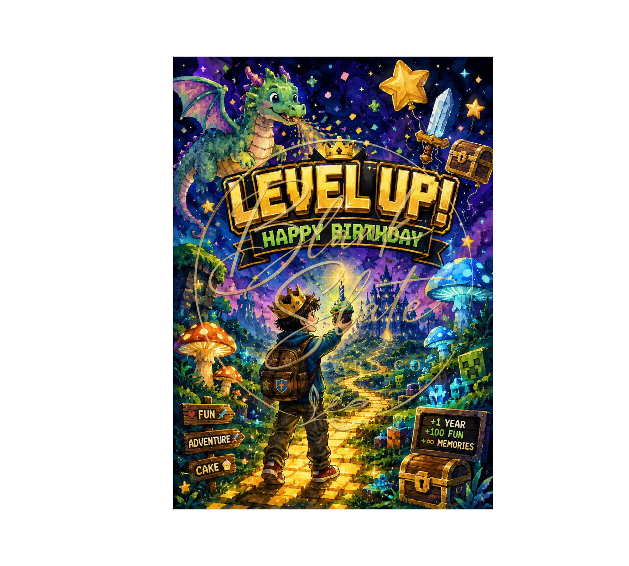 Epic Level Up Birthday Card | Fantasy Adventure Birthday Greeting Card With Envelope | Blank 5x7 Card for Kids & Gamers