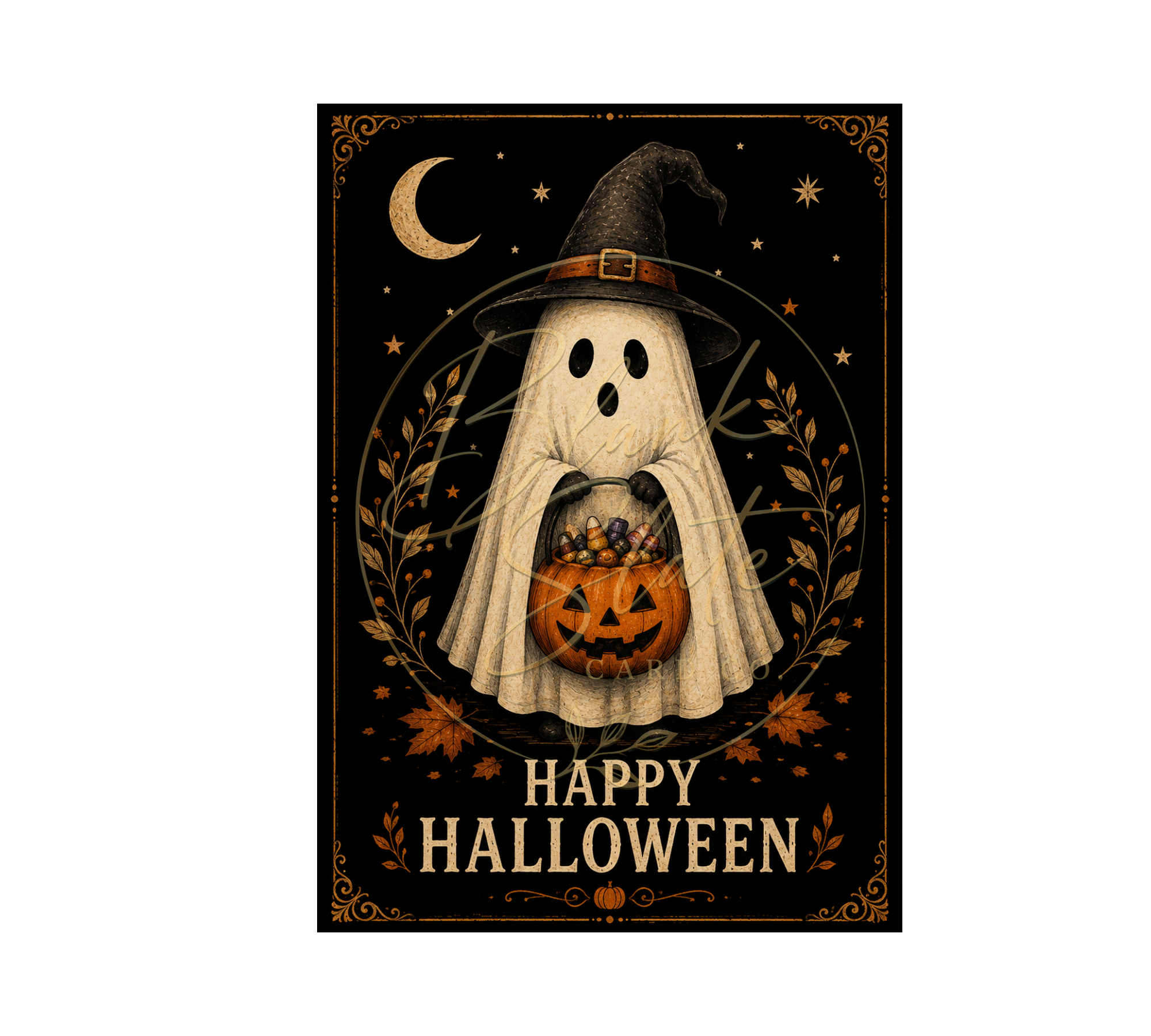 Witch Ghost Halloween Greeting Card with Envelope – Blank 5x7 Card