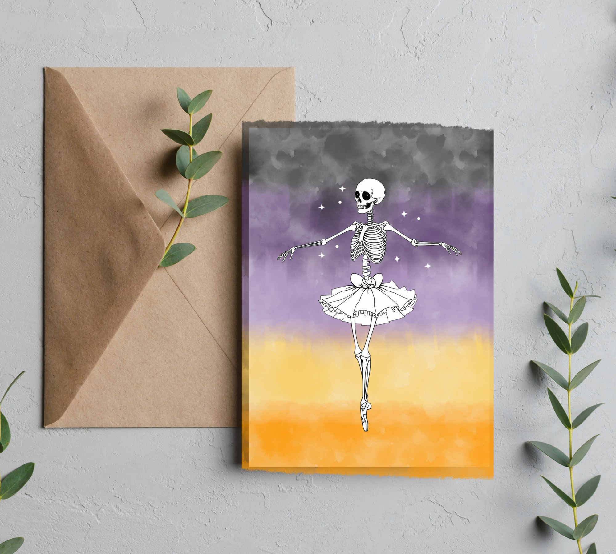 Skeleton Ballerina Halloween Greeting Card with Envelope – Blank 5x7 Card