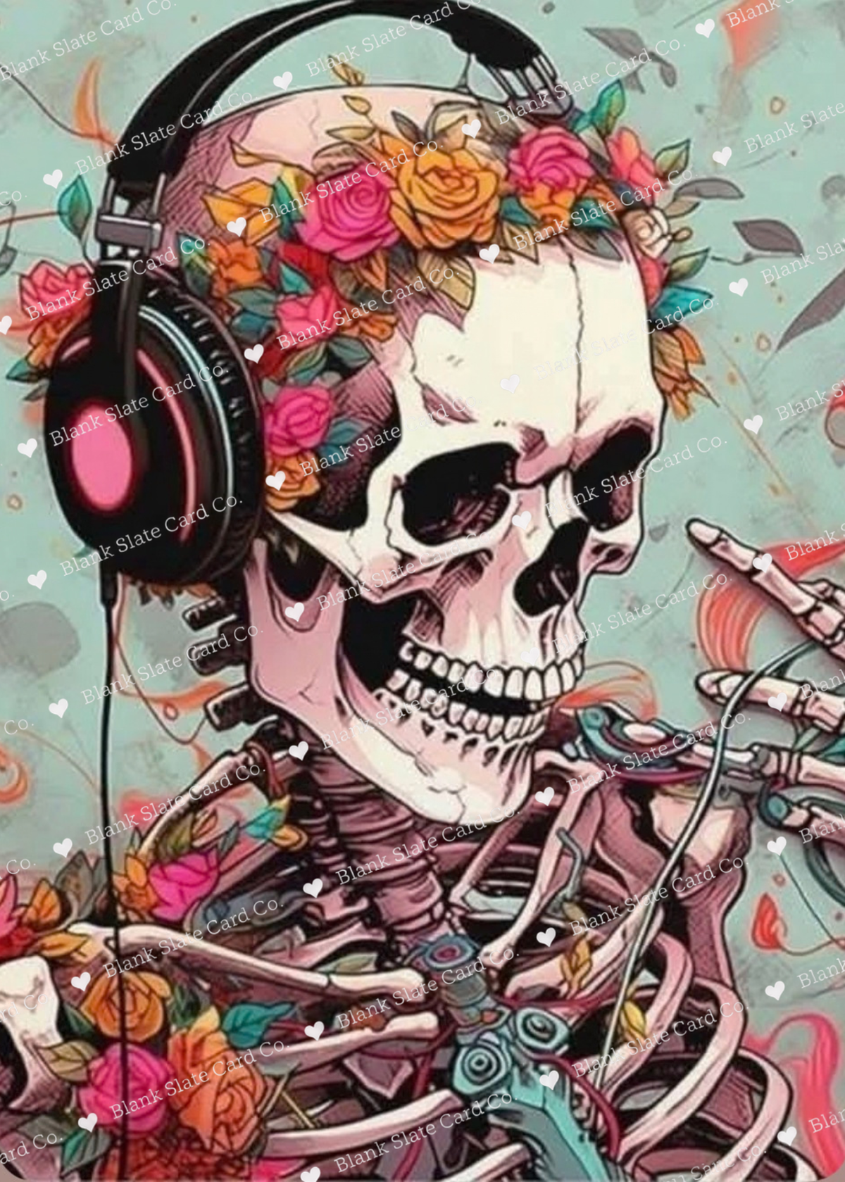 Dj Floral Skeleton Halloween Card | Spooky Floral Skull Greeting Card | Blank 5x7 Card with Envelope