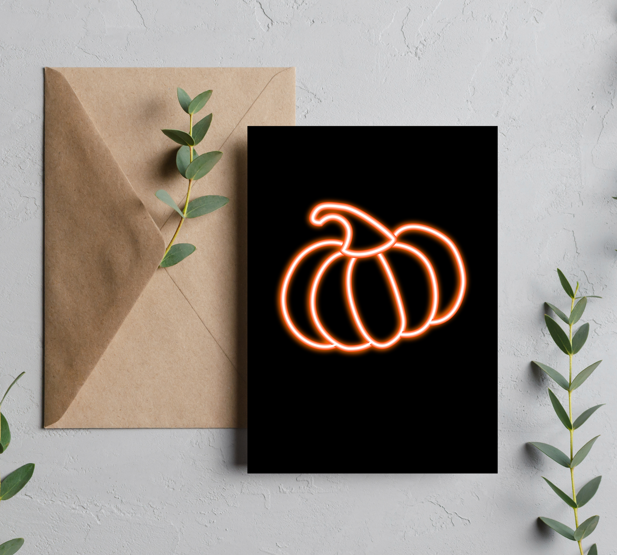 Neon Halloween, 5” x 7” Halloween Greeting Card – Spooky Neon Design, Voodoo Doll, Bats, Pumpkins Blank Inside