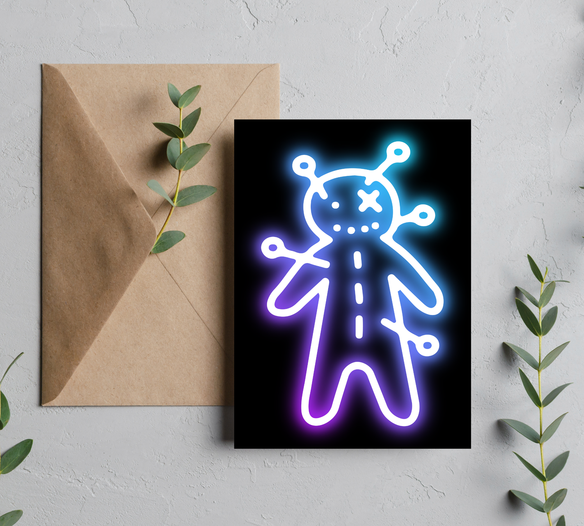 Neon Halloween, 5” x 7” Halloween Greeting Card – Spooky Neon Design, Voodoo Doll, Bats, Pumpkins Blank Inside