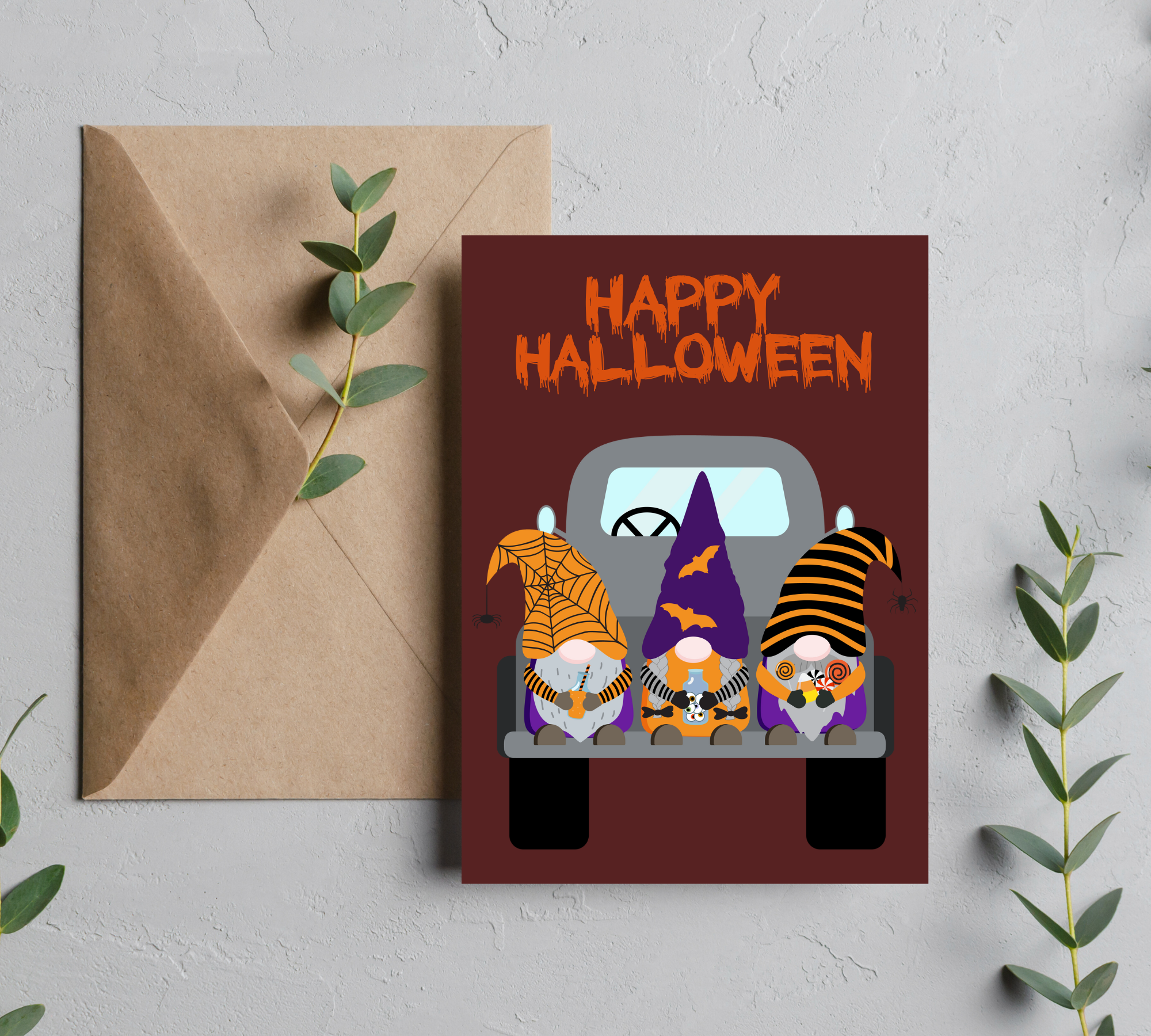 Halloween Gnomies, 5” x 7” Halloween Greeting Card – Cute Halloween Gnome Trio With Candy, Blank Inside