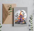5” x 7” Halloween Greeting Card – Spooky Haunted Castle and Ghosts Design, Blank Inside, Envelope Included