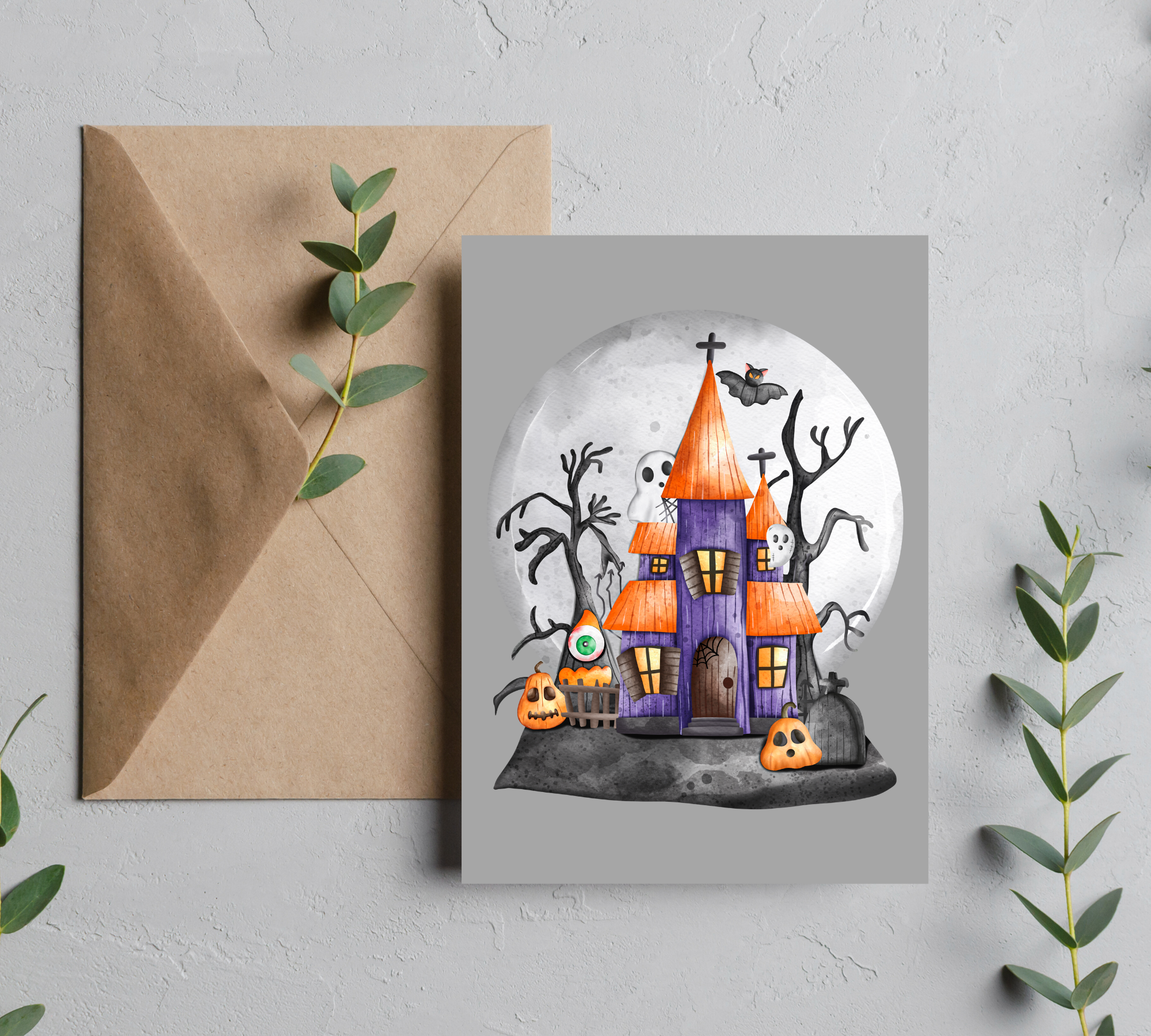 5” x 7” Halloween Greeting Card – Spooky Haunted Castle and Ghosts Design, Blank Inside, Envelope Included