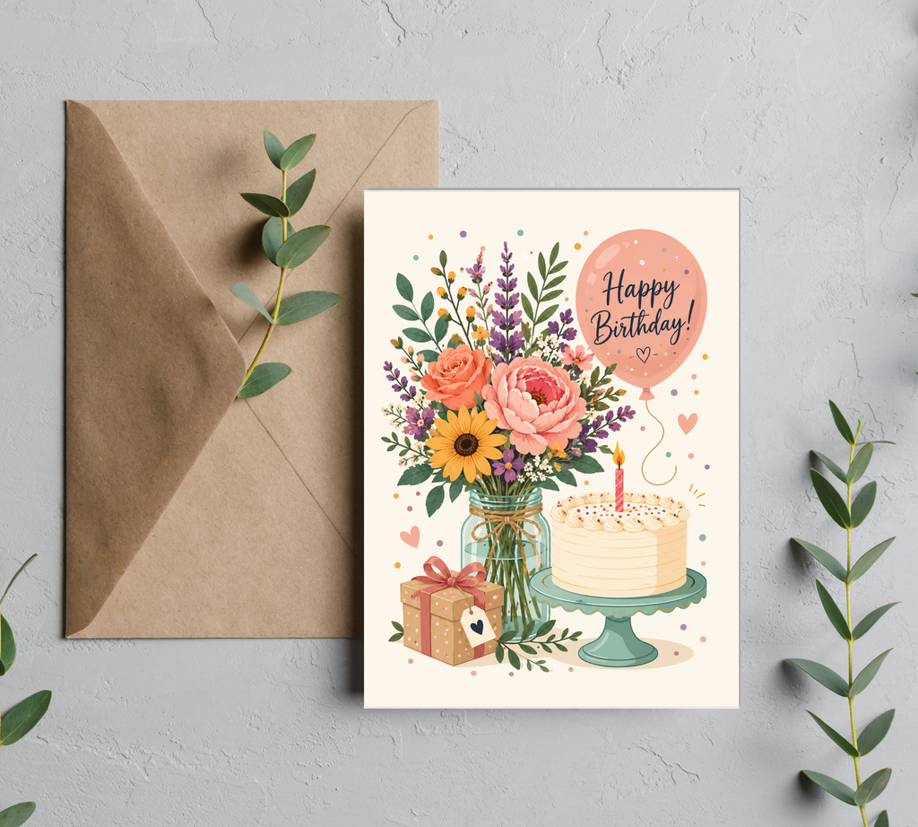 Happy Birthday Floral Cake Greeting Card – Colorful Birthday Card