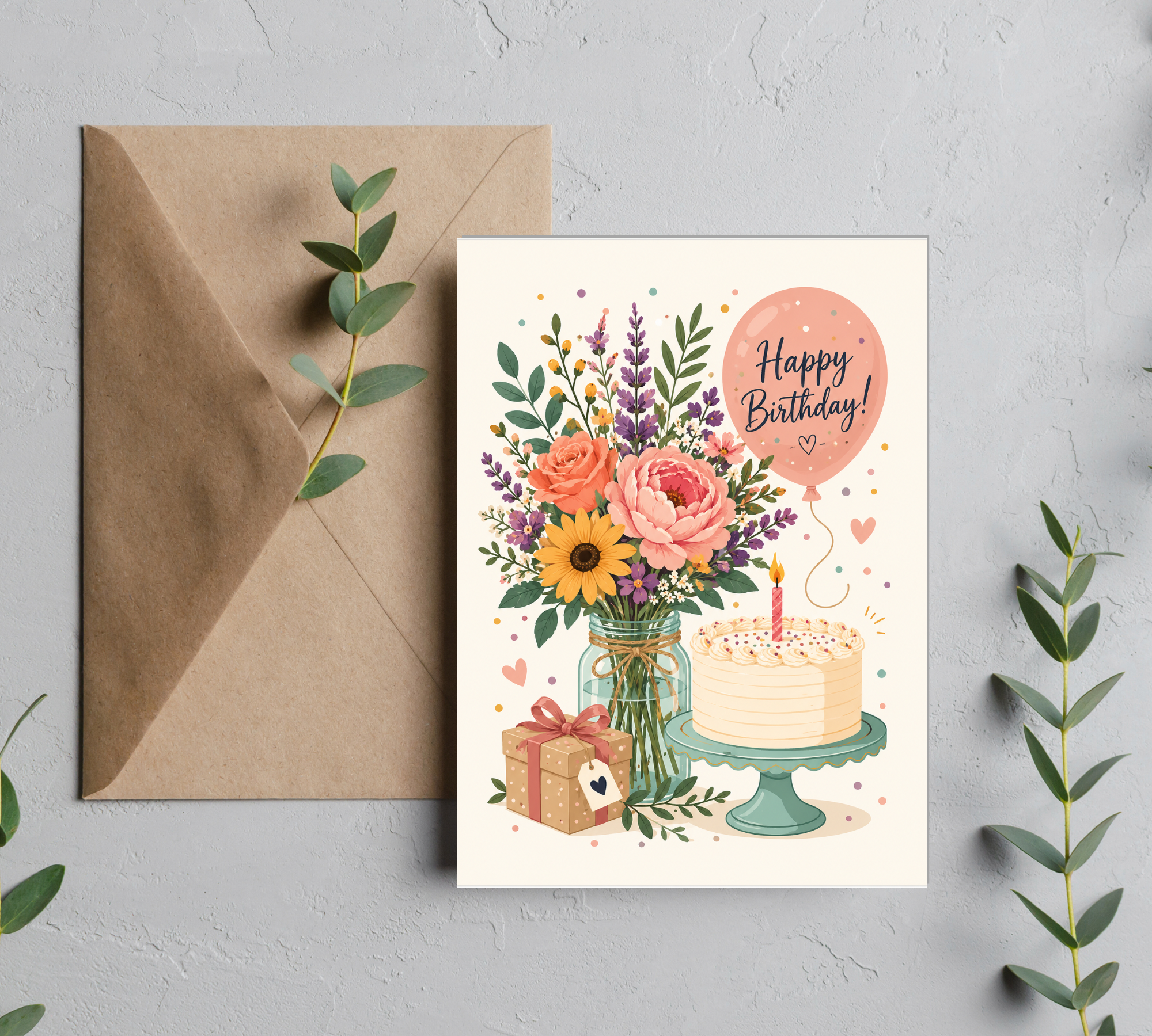Happy Birthday Floral Cake Greeting Card – Colorful Birthday Card