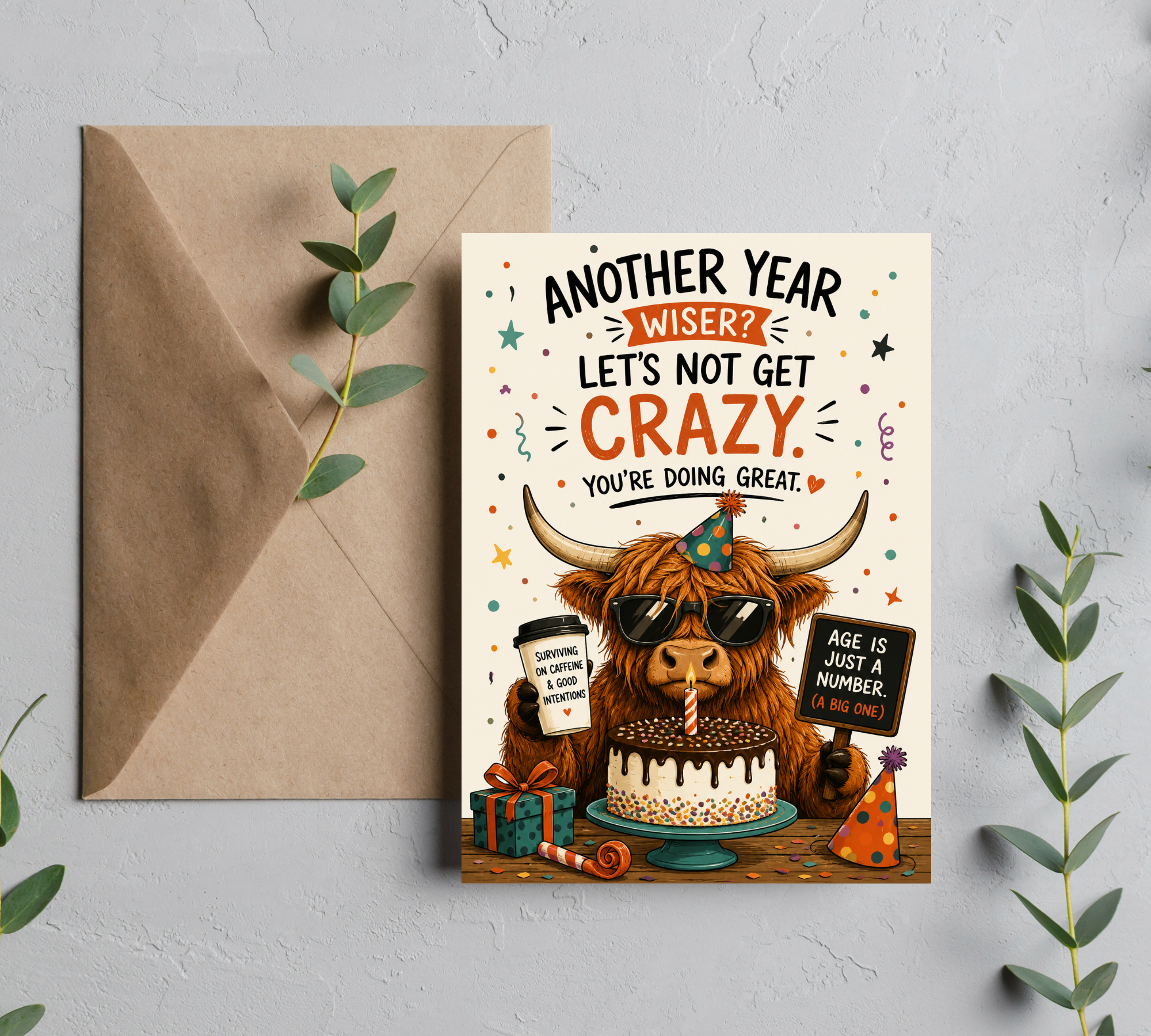 Funny Birthday Cow Greeting Card – Another Year Wiser Birthday Card With Envelope | Blank 5x7 Card