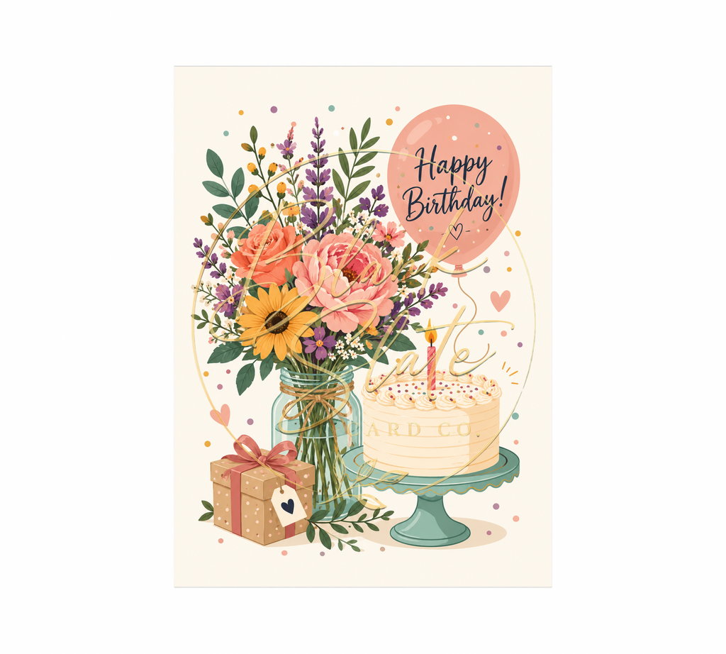 Happy Birthday Floral Cake Greeting Card – Colorful Birthday Card