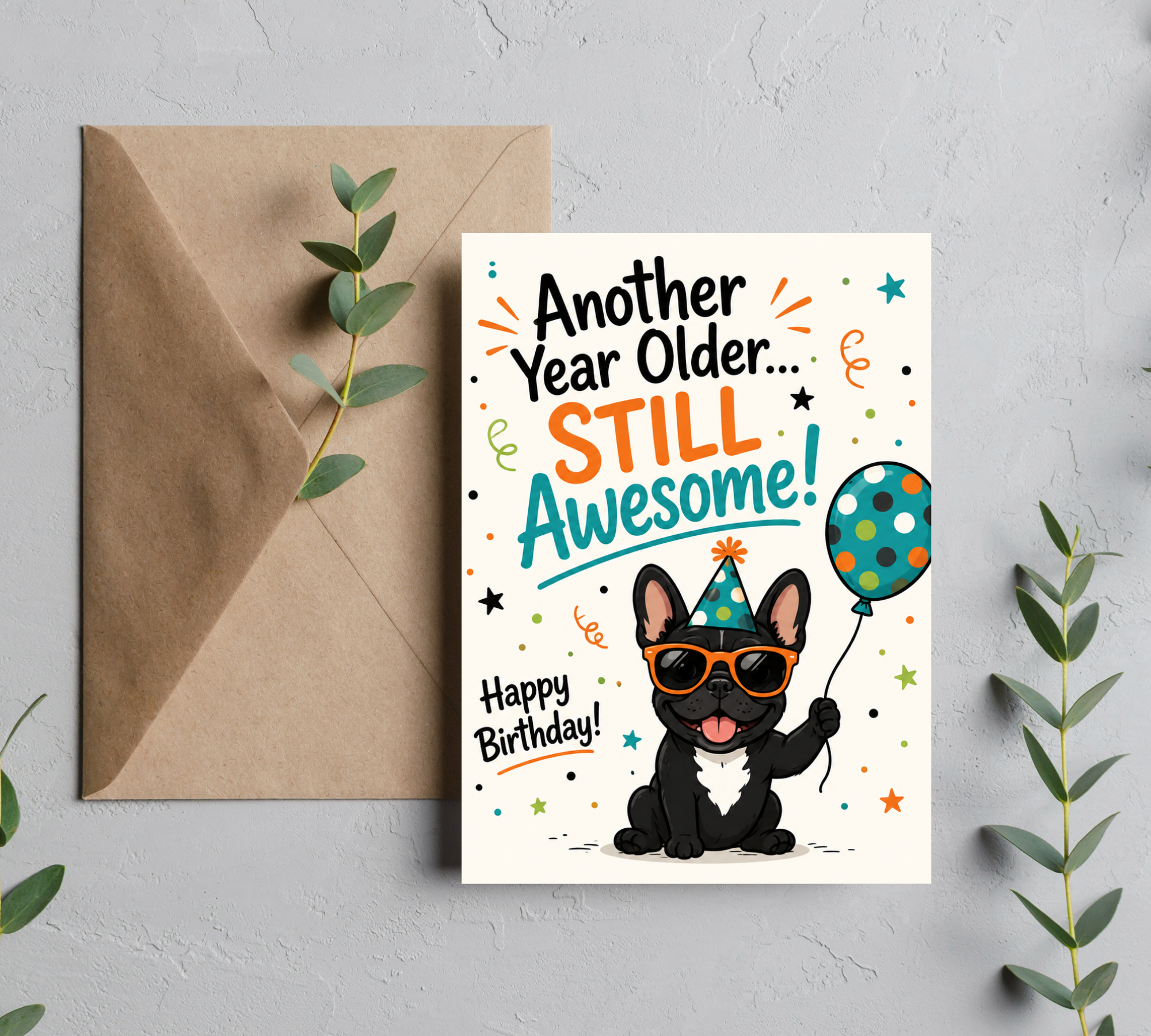 Another Year Older Still Awesome | Funny Frenchie Birthday Greeting Card With Envelope | Blank 5x7 Card