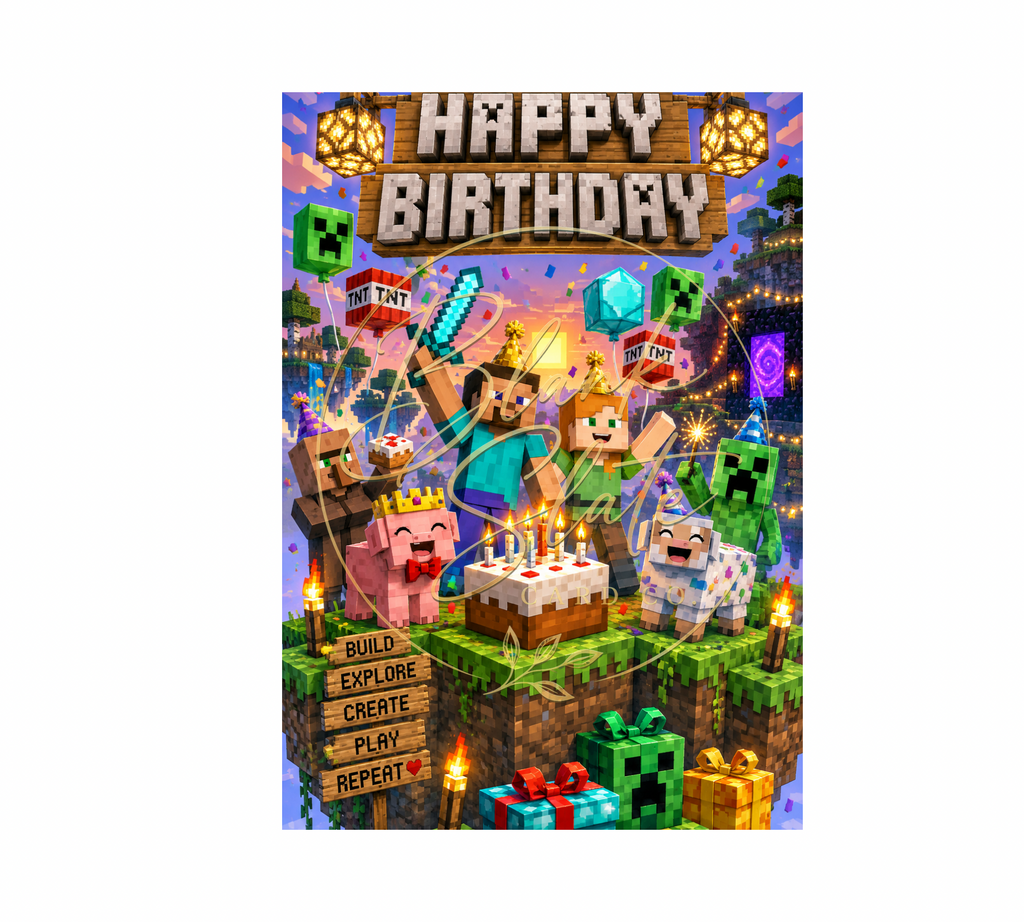 Minecraft Birthday Card – Birthday Card for Kids & Gamers | Blank 5x7 Card With Envelope