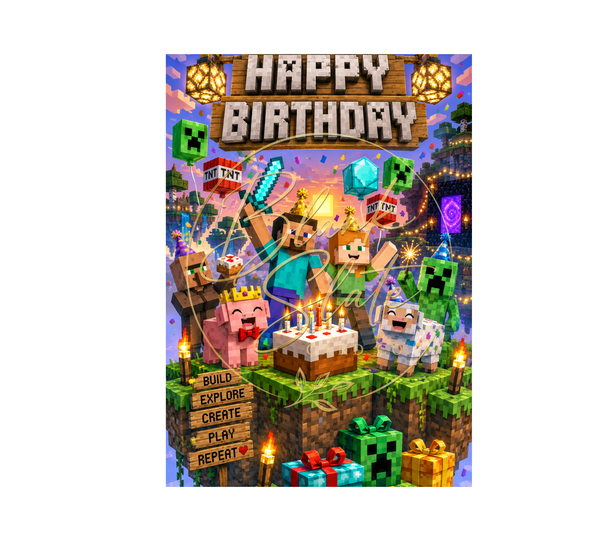 Minecraft Birthday Card – Birthday Card for Kids & Gamers | Blank 5x7 Card With Envelope