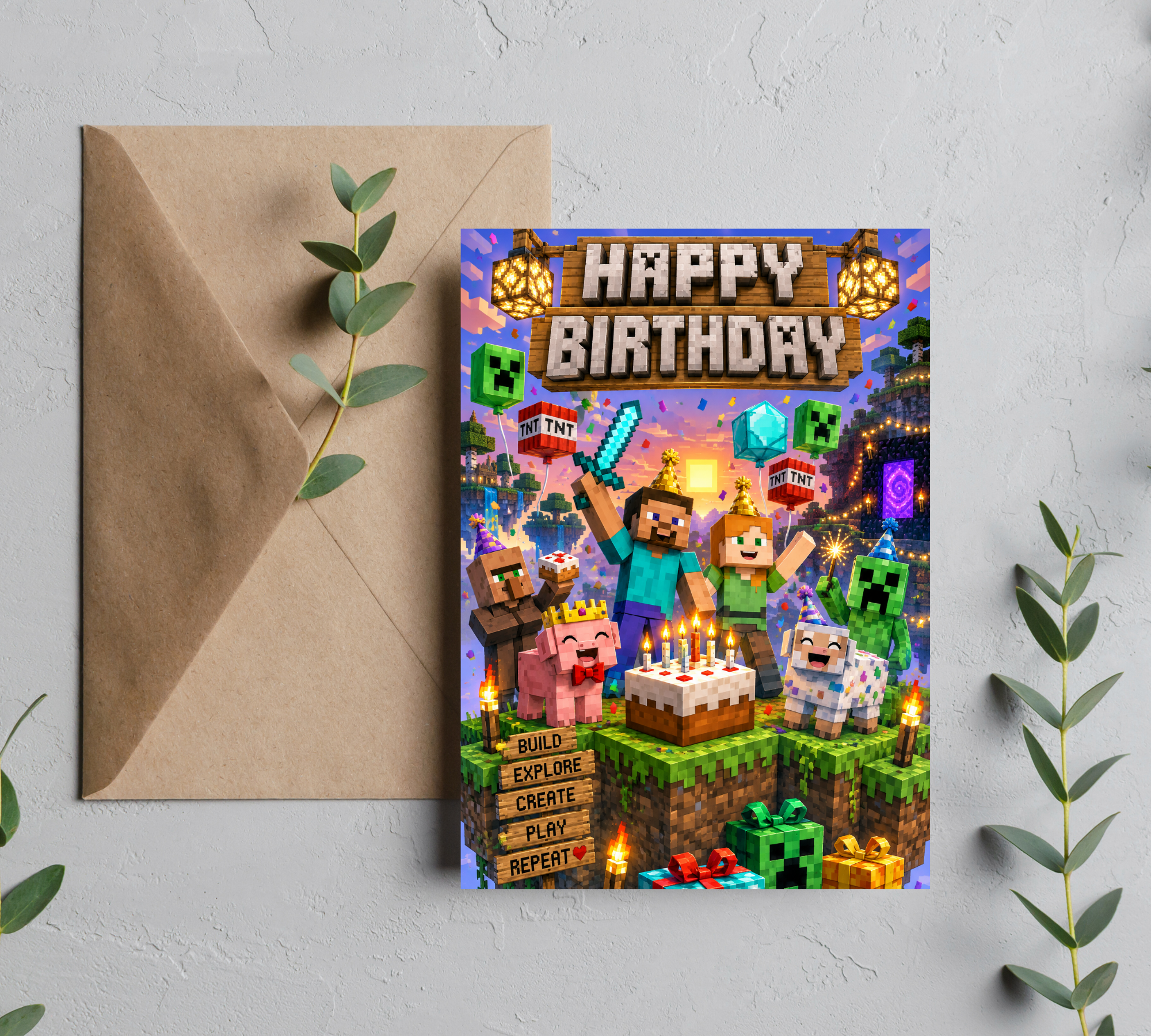 Minecraft Birthday Card – Birthday Card for Kids & Gamers | Blank 5x7 Card With Envelope
