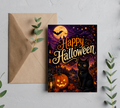 Spooky Black Cat Halloween Card with Pumpkin, Moon & Haunted Village | Happy Halloween Greeting Card With Envelope | Blank 5” x 7” Card