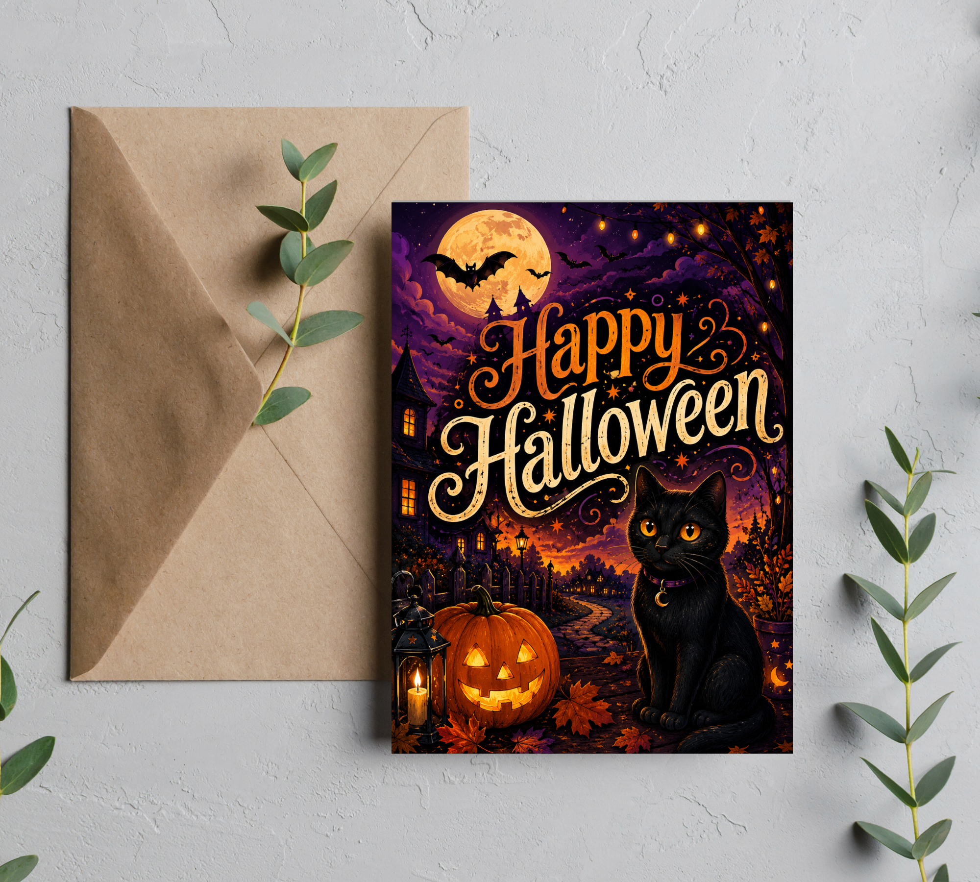 Spooky Black Cat Halloween Card with Pumpkin, Moon & Haunted Village | Happy Halloween Greeting Card With Envelope | Blank 5” x 7” Card