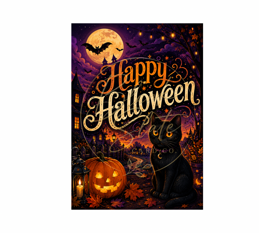 Spooky Black Cat Halloween Card with Pumpkin, Moon & Haunted Village | Happy Halloween Greeting Card With Envelope | Blank 5” x 7” Card