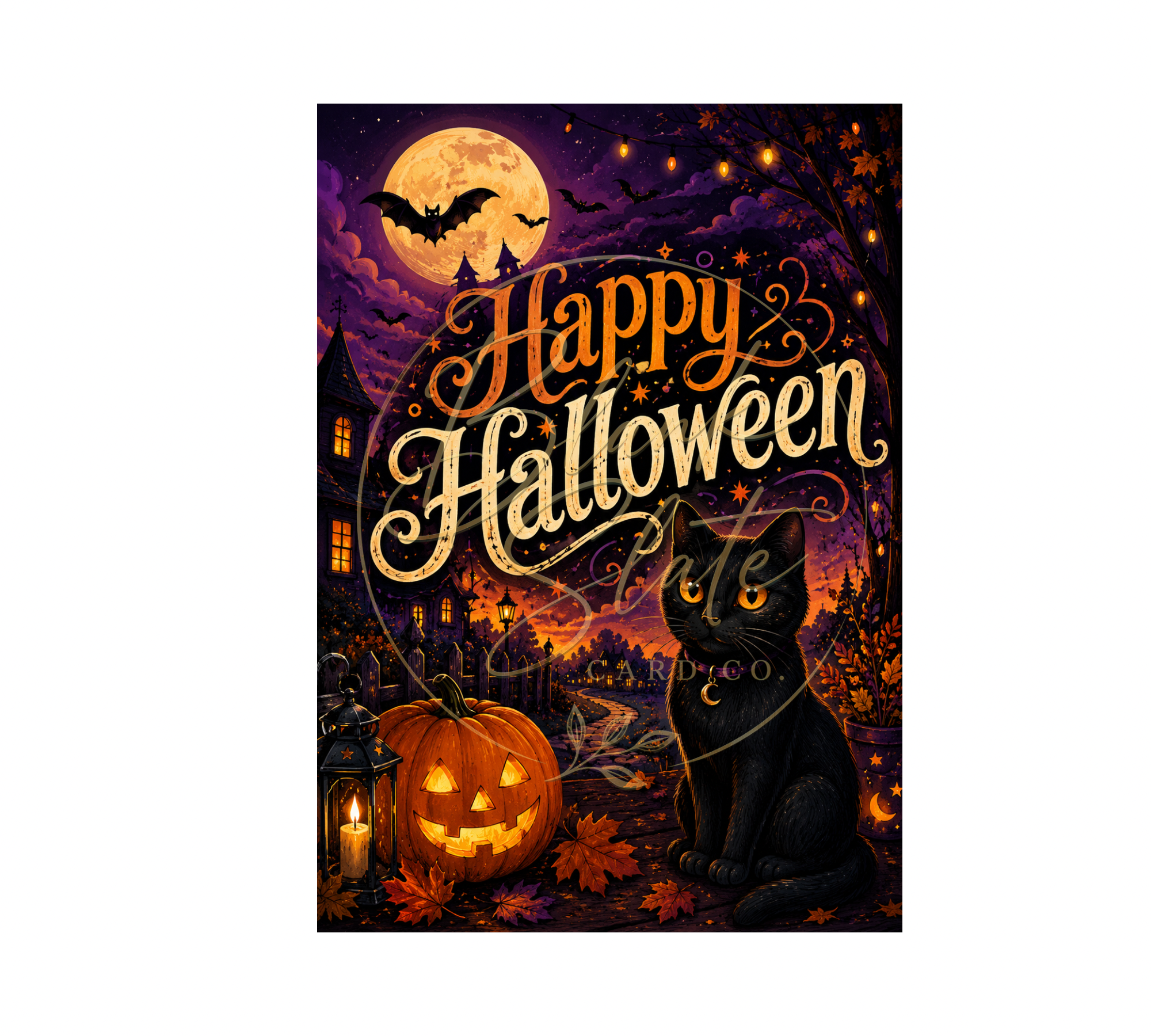 Spooky Black Cat Halloween Card with Pumpkin, Moon & Haunted Village | Happy Halloween Greeting Card With Envelope | Blank 5” x 7” Card