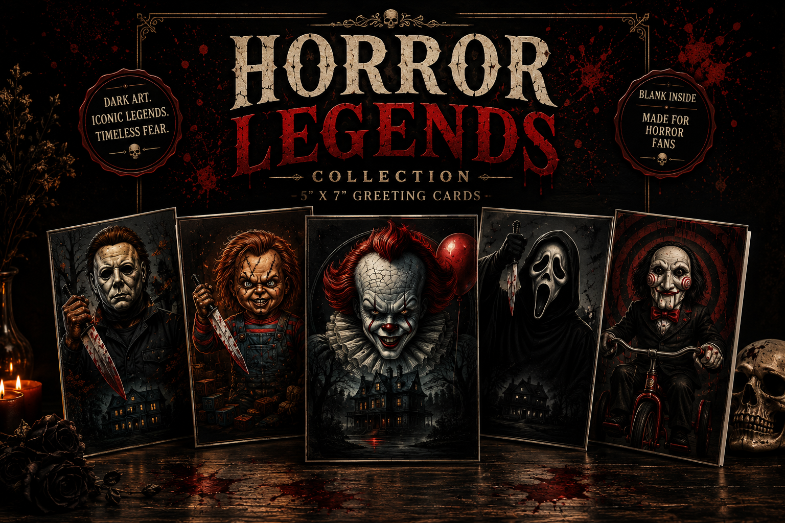 Horror Legends Card Collections | Iconic Halloween Villains | Blank Horror Stationery Set of 16 Cards
