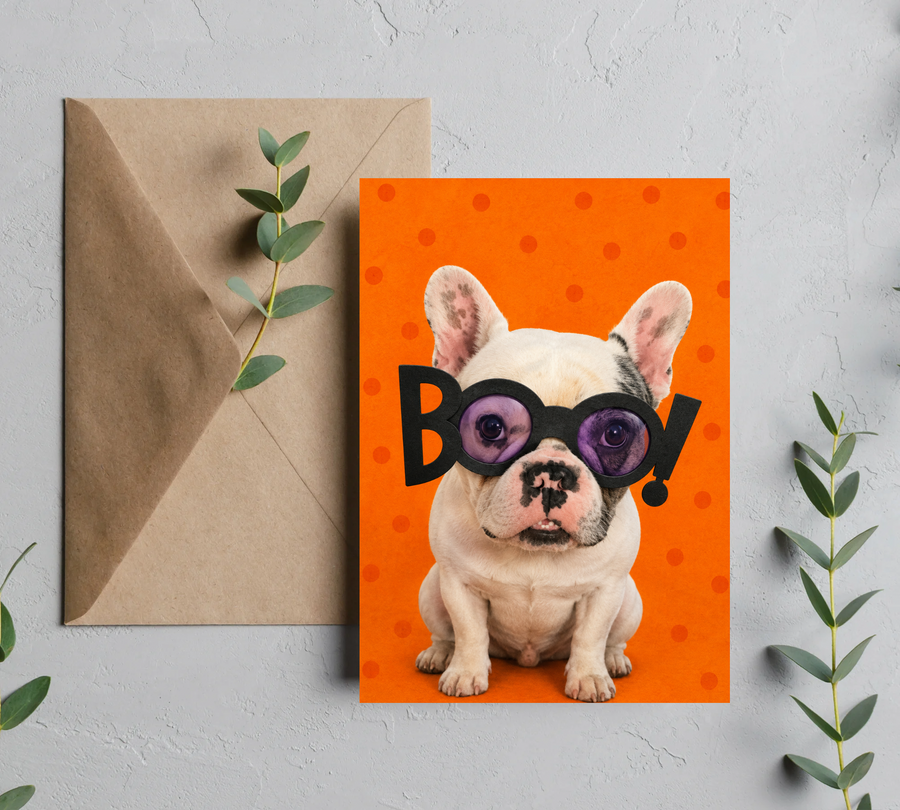 Blank Slate Card Co. French “Boo-Dog” Greeting Card , Boo! Spooky Halloween Dog Card for Dog Lovers , Blank 5x7 Card With Envelope greeting card product image