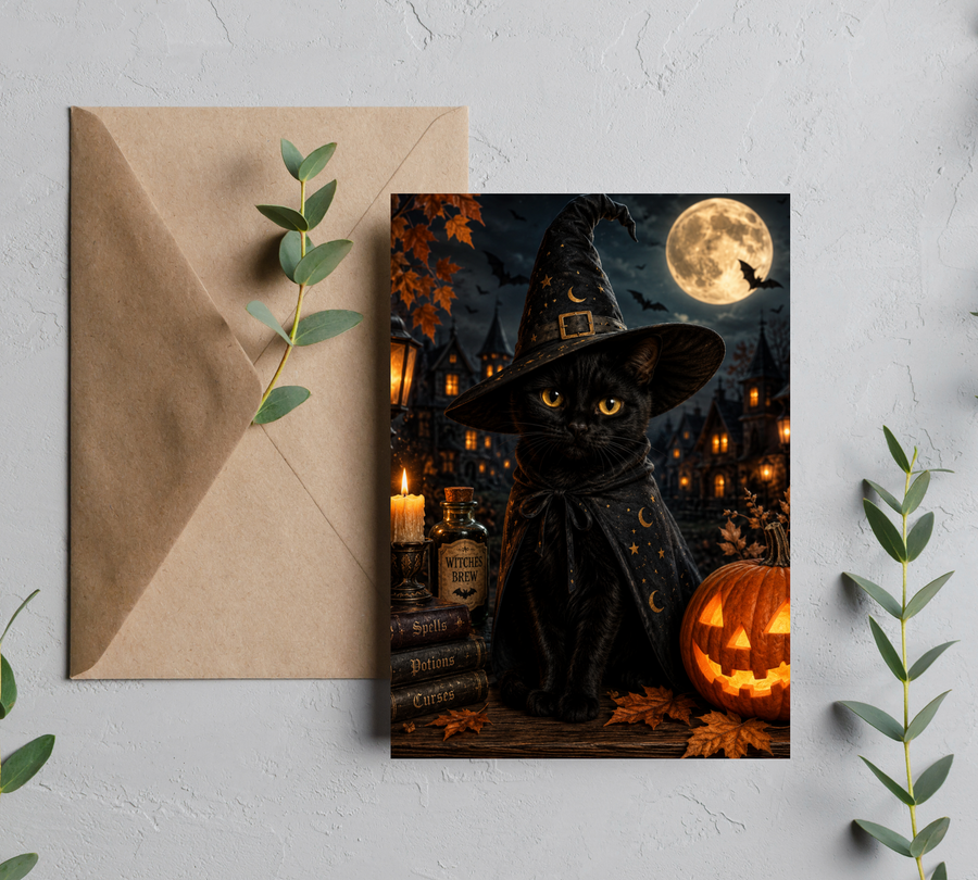 Blank Slate Card Co. Enchanting Witch Black Cat Halloween Greeting Card , Blank 5x7 Card With Envelope greeting card product image
