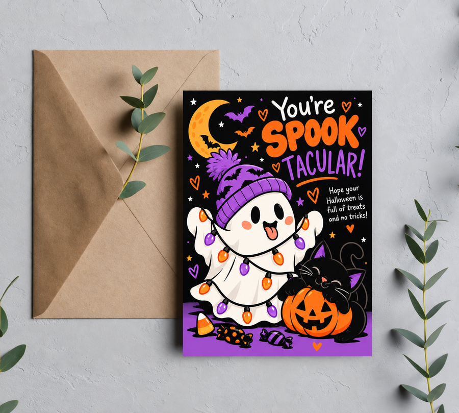 You're Spooktacular Funny Ghost & Cat | Spooky Halloween Greeting Card | Blank 5x7 Card With Envelope