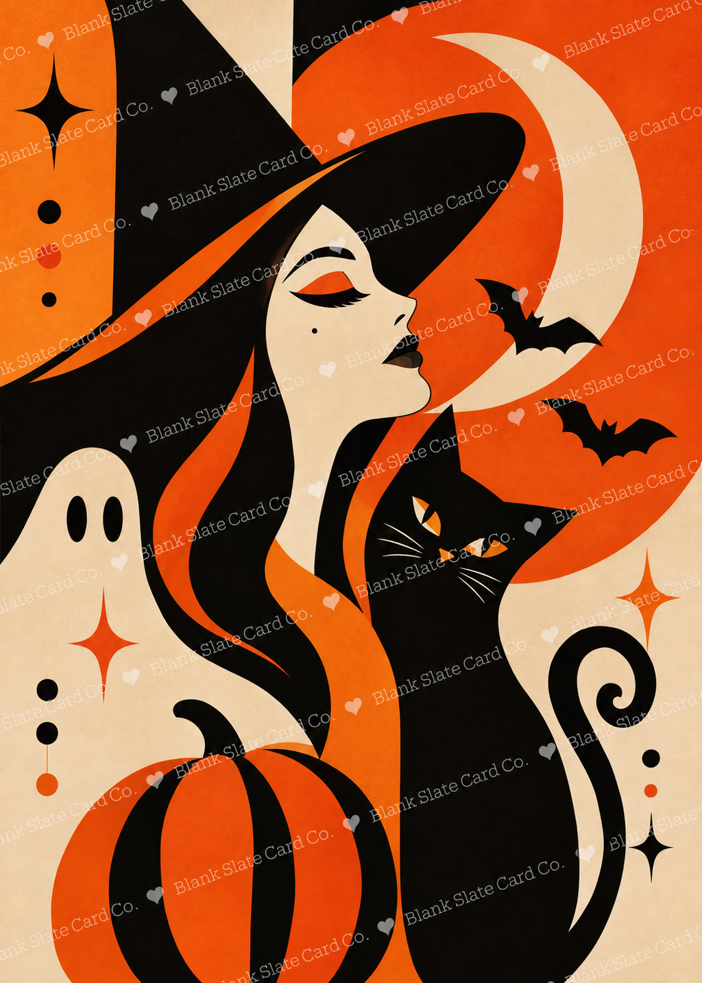The Witch, The Ghost And The Black Cat | Vintage Halloween Greeting Card | Blank 5x7 Card With Envelope