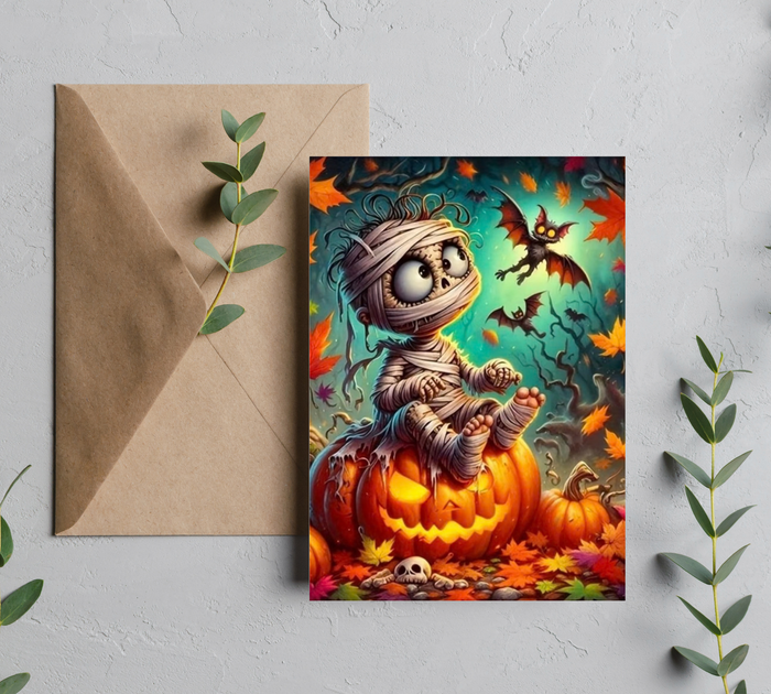 Cute Halloween sBaby Mummy Sitting On A Pumpkin Halloween Card | Cute Mummy Cartoon Greeting Card – Blank 5x7 Card Envelope Included