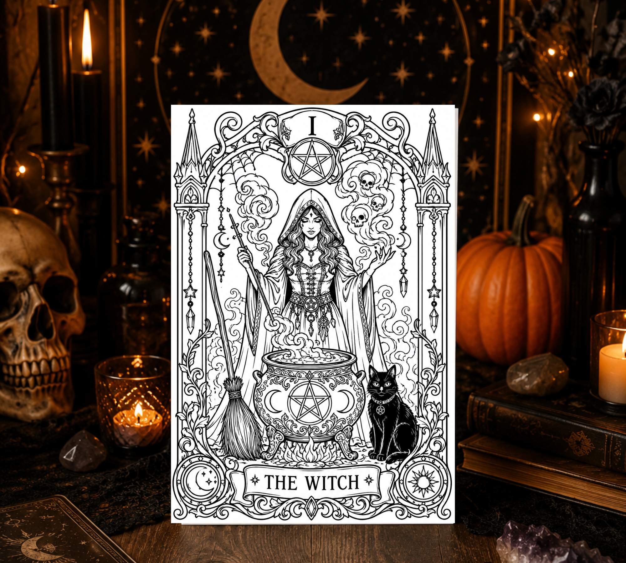 The Witch Halloween Coloring Card – Tarot-Inspired Witch Greeting Card | 5x7 Adult Coloring Card