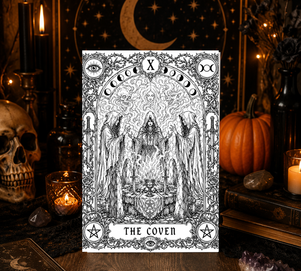 The Coven Halloween Coloring Card – Gothic Witch Coven Greeting Card | 5x7 Adult Coloring Card