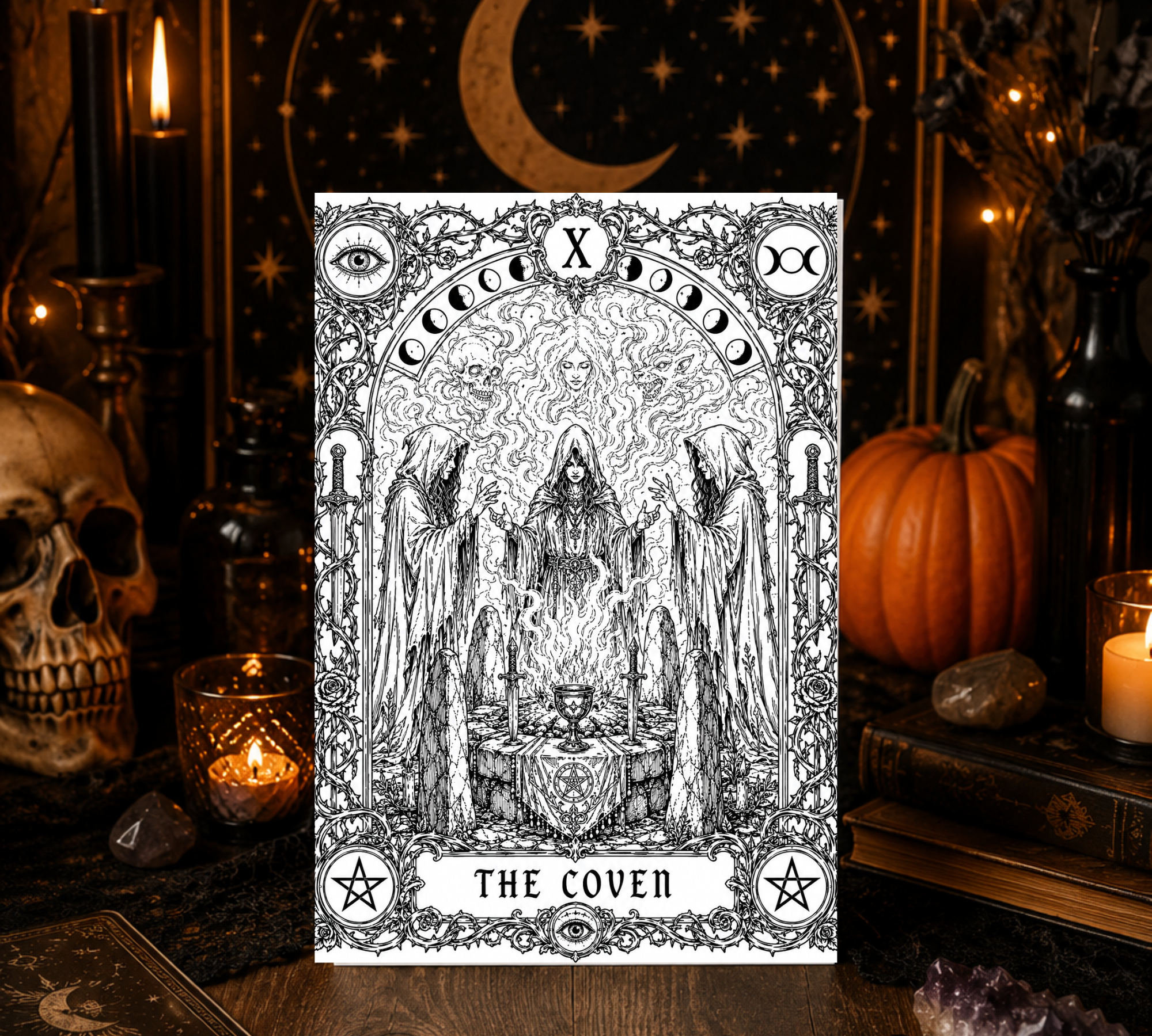 The Coven Halloween Coloring Card – Gothic Witch Coven Greeting Card | 5x7 Adult Coloring Card