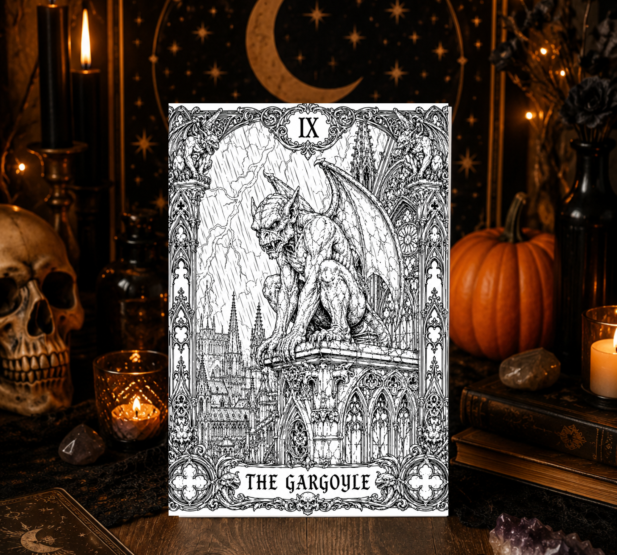 The Gargoyle Halloween Coloring Card – Gothic Gargoyle Greeting Card | 5x7 Adult Coloring Card