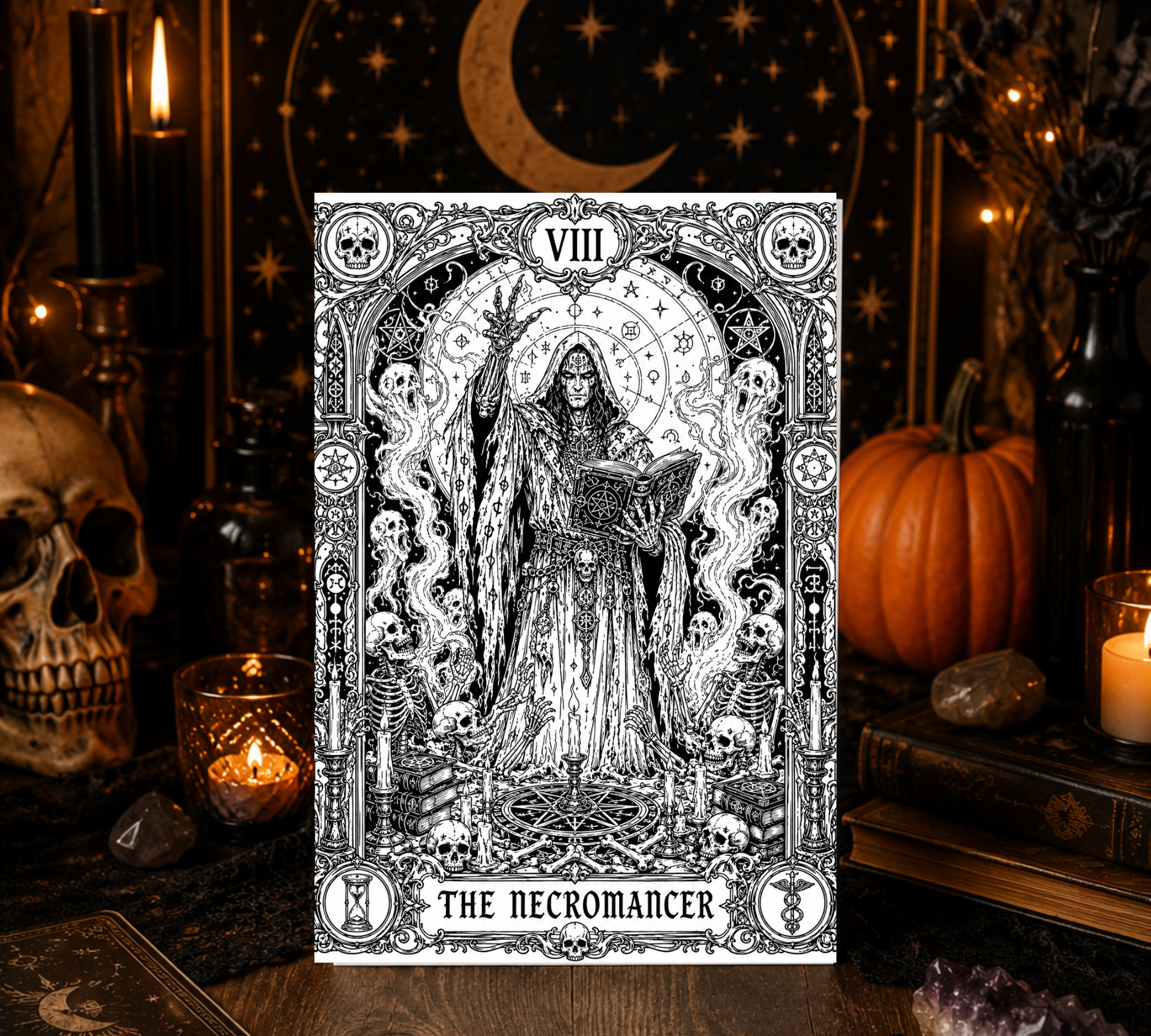 The Necromancer Halloween Coloring Card – Gothic Necromancer Greeting Card | 5x7 Adult Coloring Card