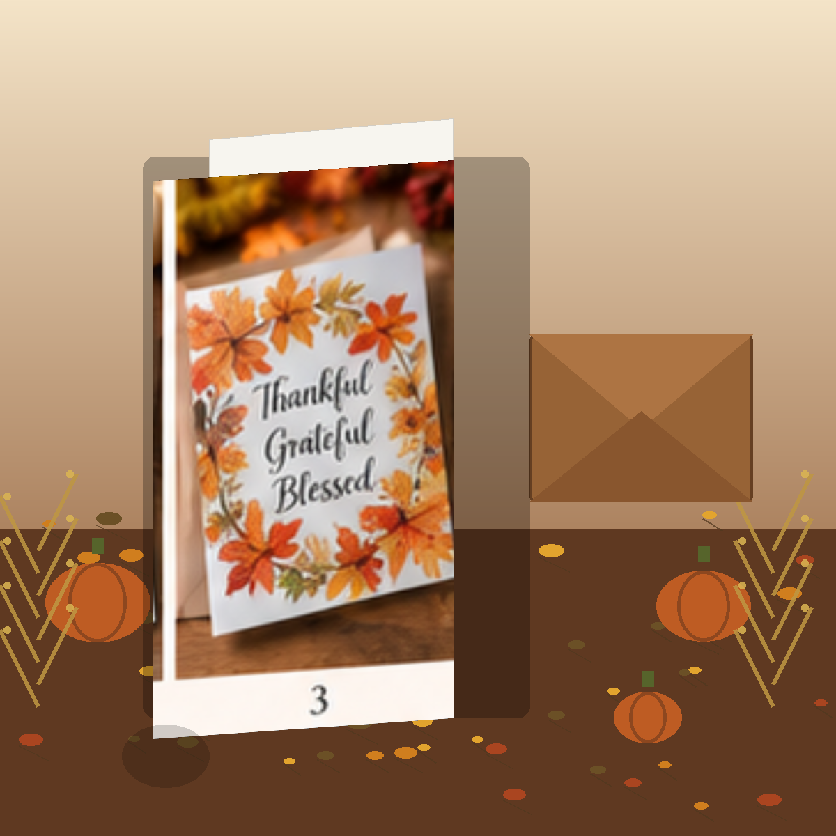 Autumn leaves Thanksgiving greeting card standing slightly open with blank inside, brown envelope and seasonal decor