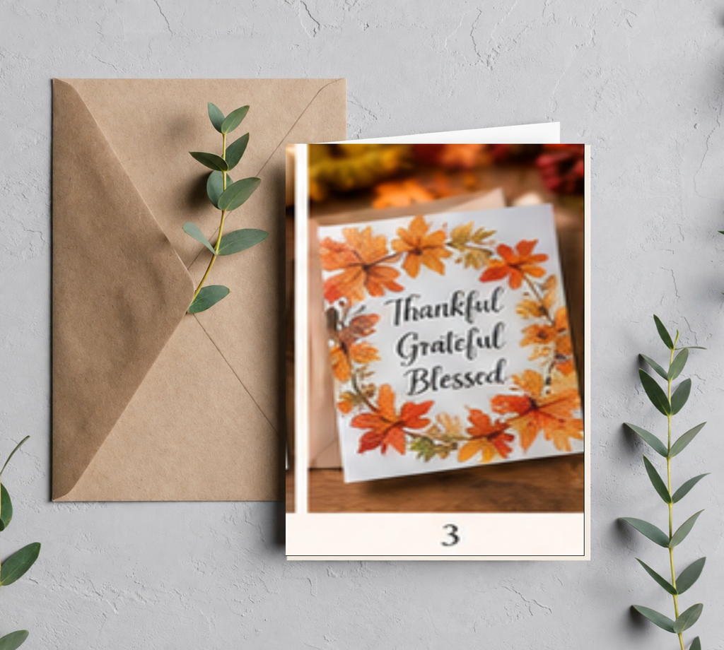 Autumn leaves Thanksgiving greeting card mockup, 5 x 7 blank card with brown paper envelope