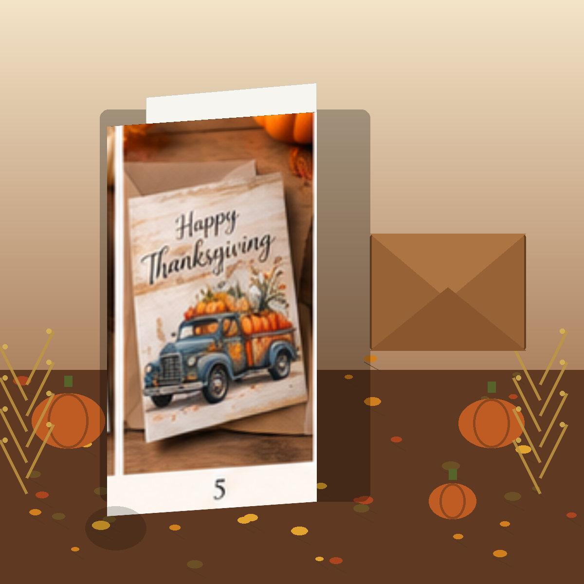 Pumpkin pie Thanksgiving greeting card standing slightly open to show the blank inside with brown paper envelope and autumn decor