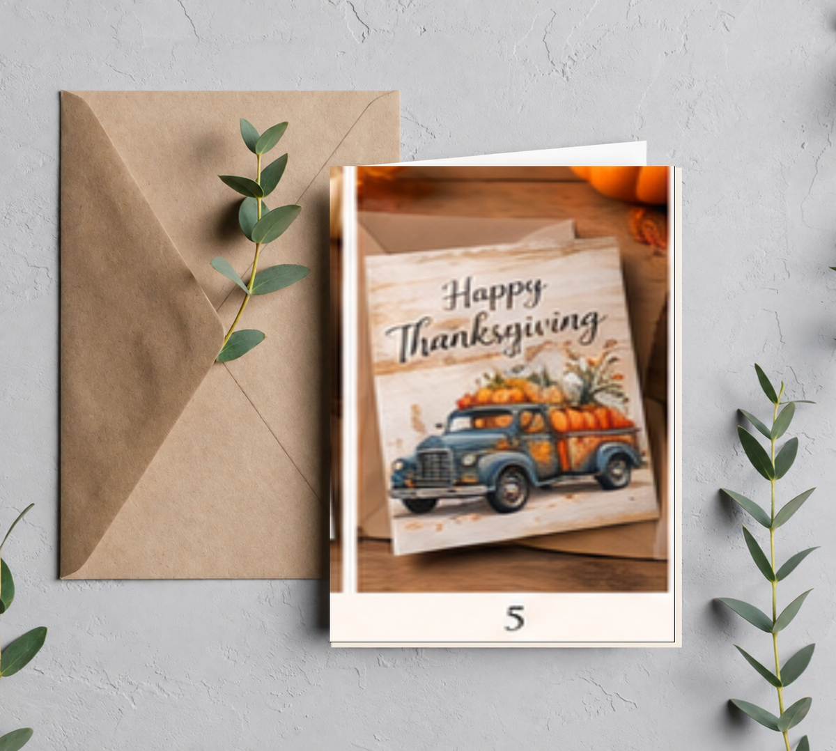 Cozy pumpkin pie Thanksgiving greeting card mockup, 5 x 7 blank card with brown paper envelope