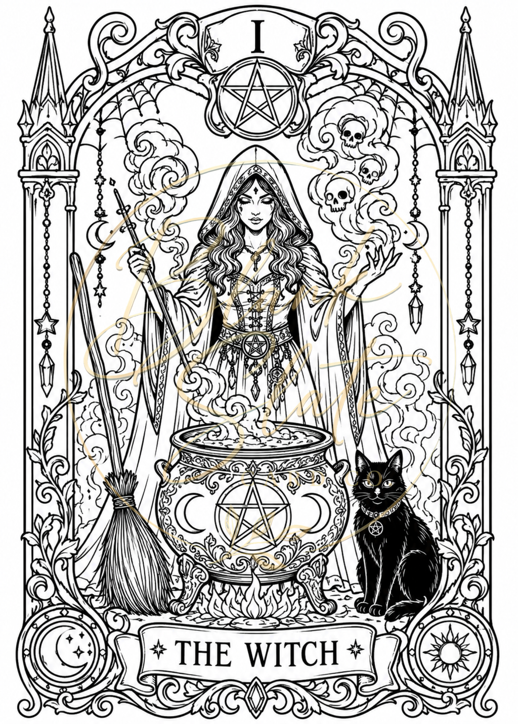 The Witch Halloween Coloring Card – Tarot-Inspired Witch Greeting Card | 5x7 Adult Coloring Card