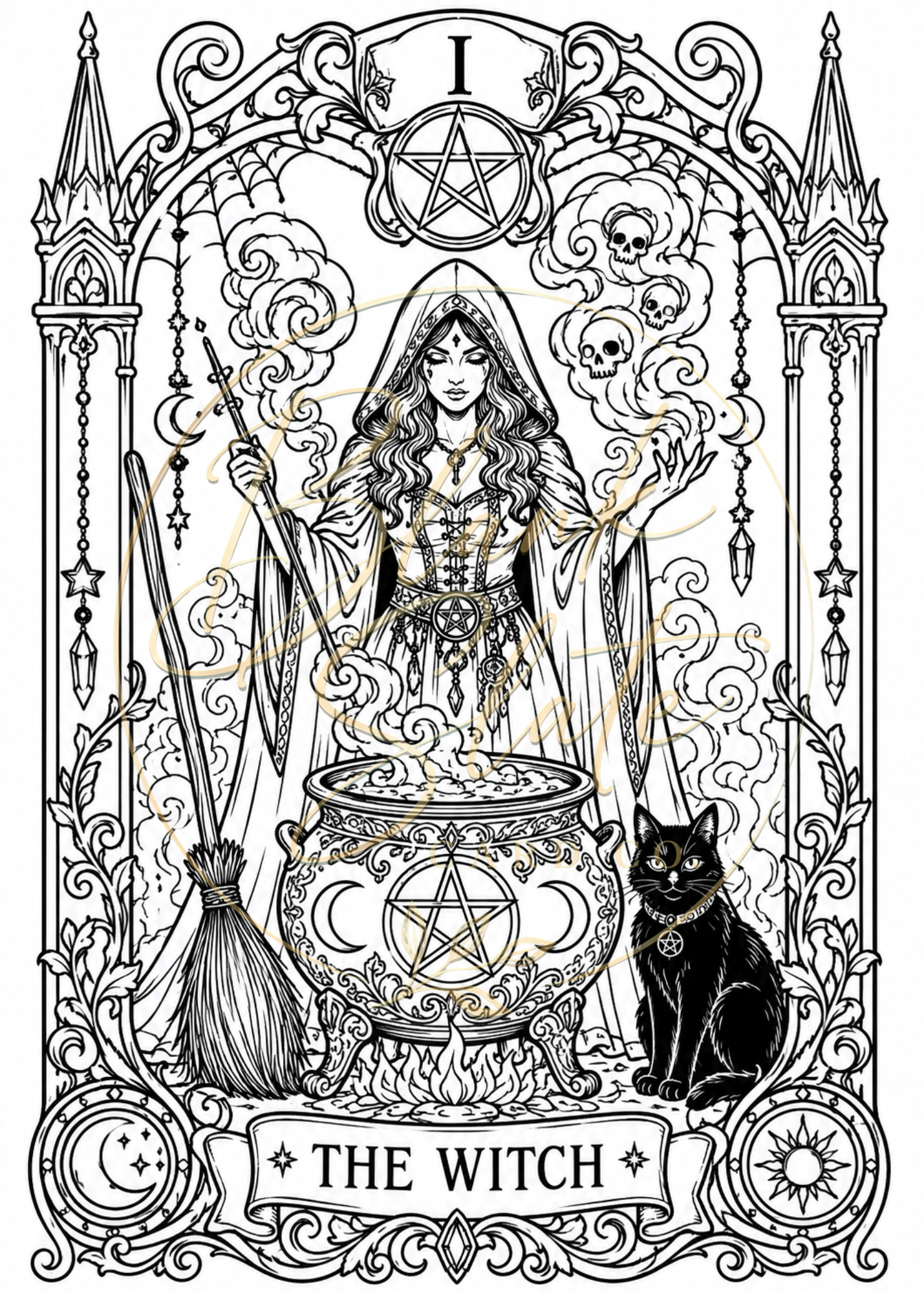 The Witch Halloween Coloring Card – Tarot-Inspired Witch Greeting Card | 5x7 Adult Coloring Card