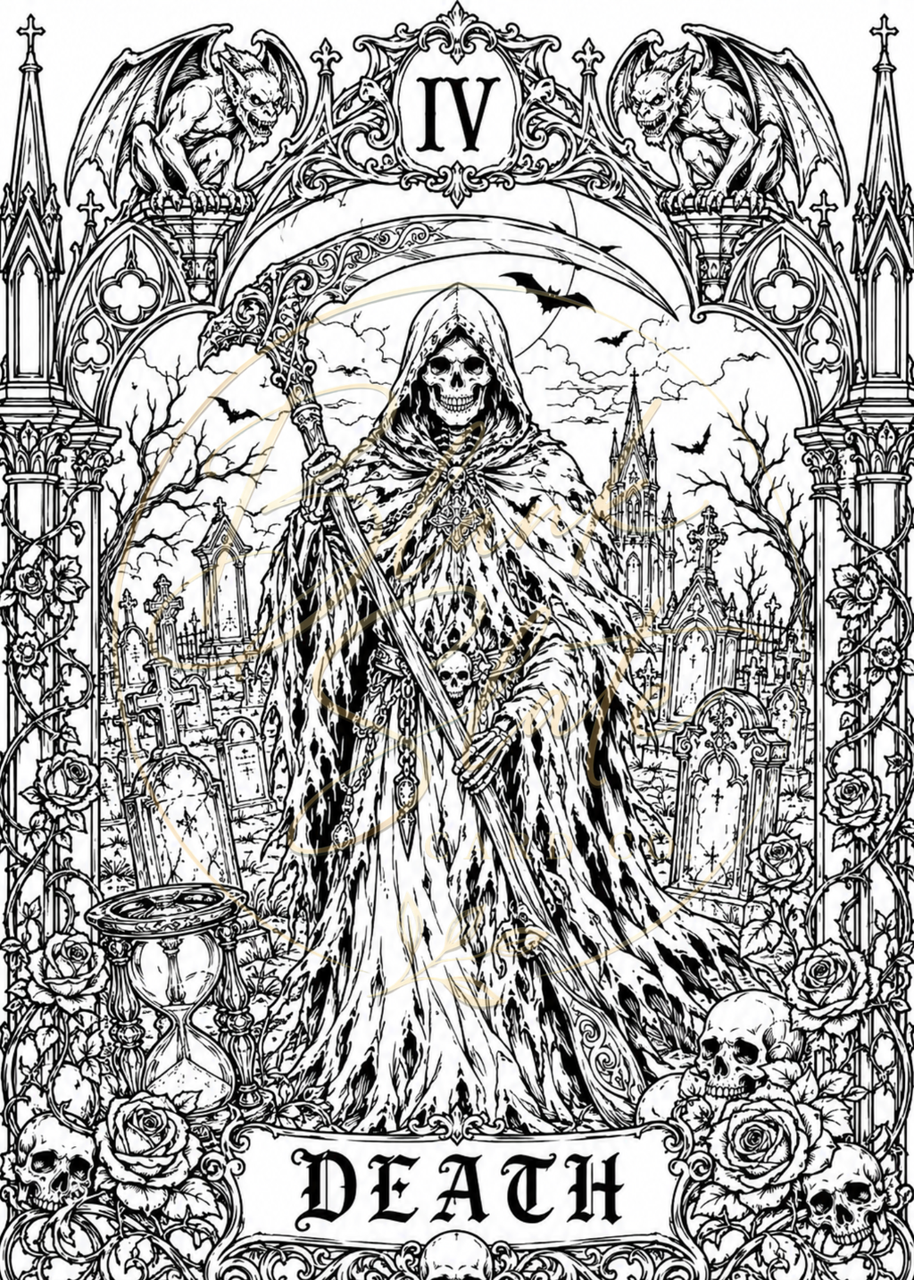The Death Halloween Coloring Card – Gothic Grim Reaper Greeting Card | 5x7 Adult Coloring Card