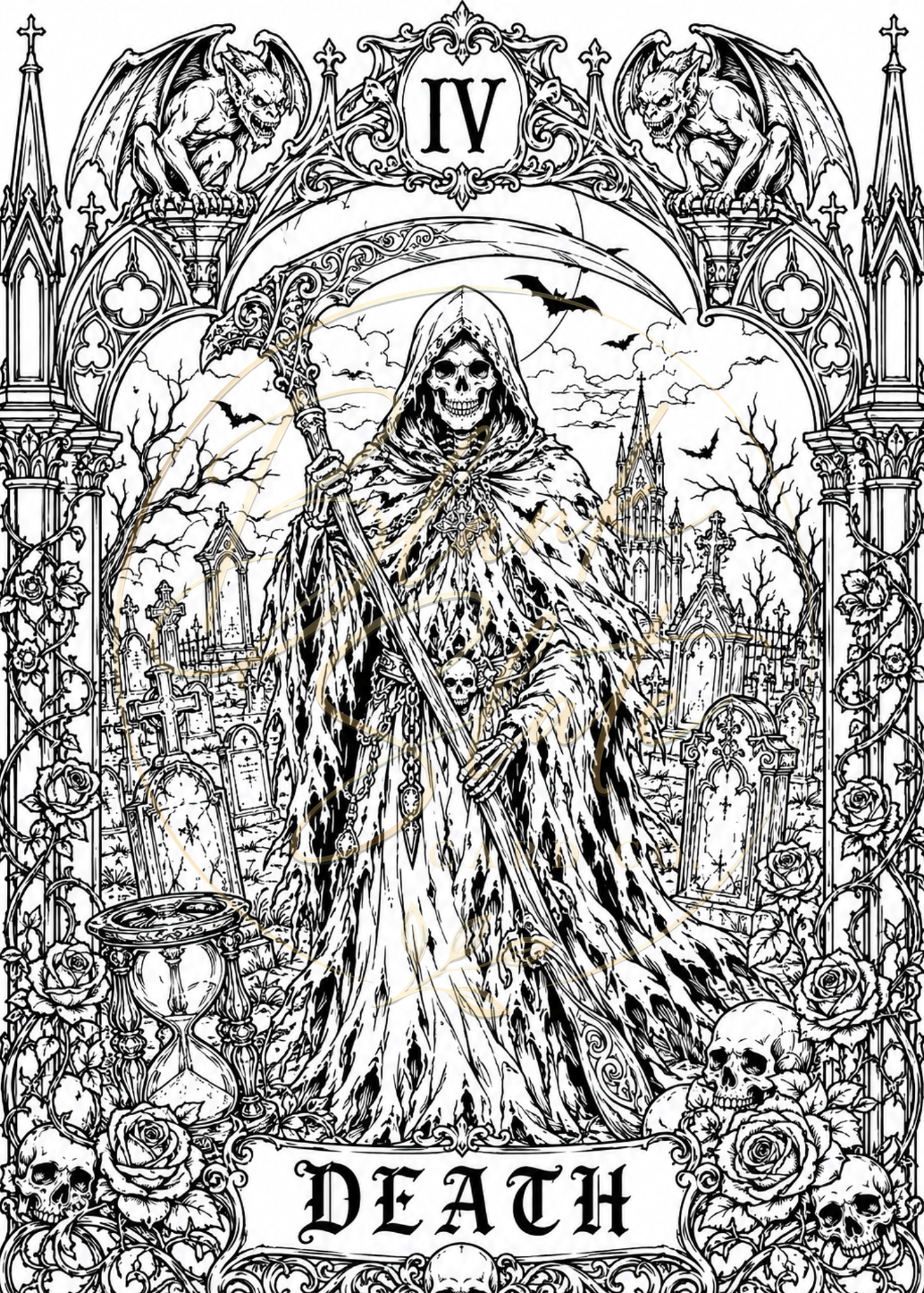 The Death Halloween Coloring Card – Gothic Grim Reaper Greeting Card | 5x7 Adult Coloring Card