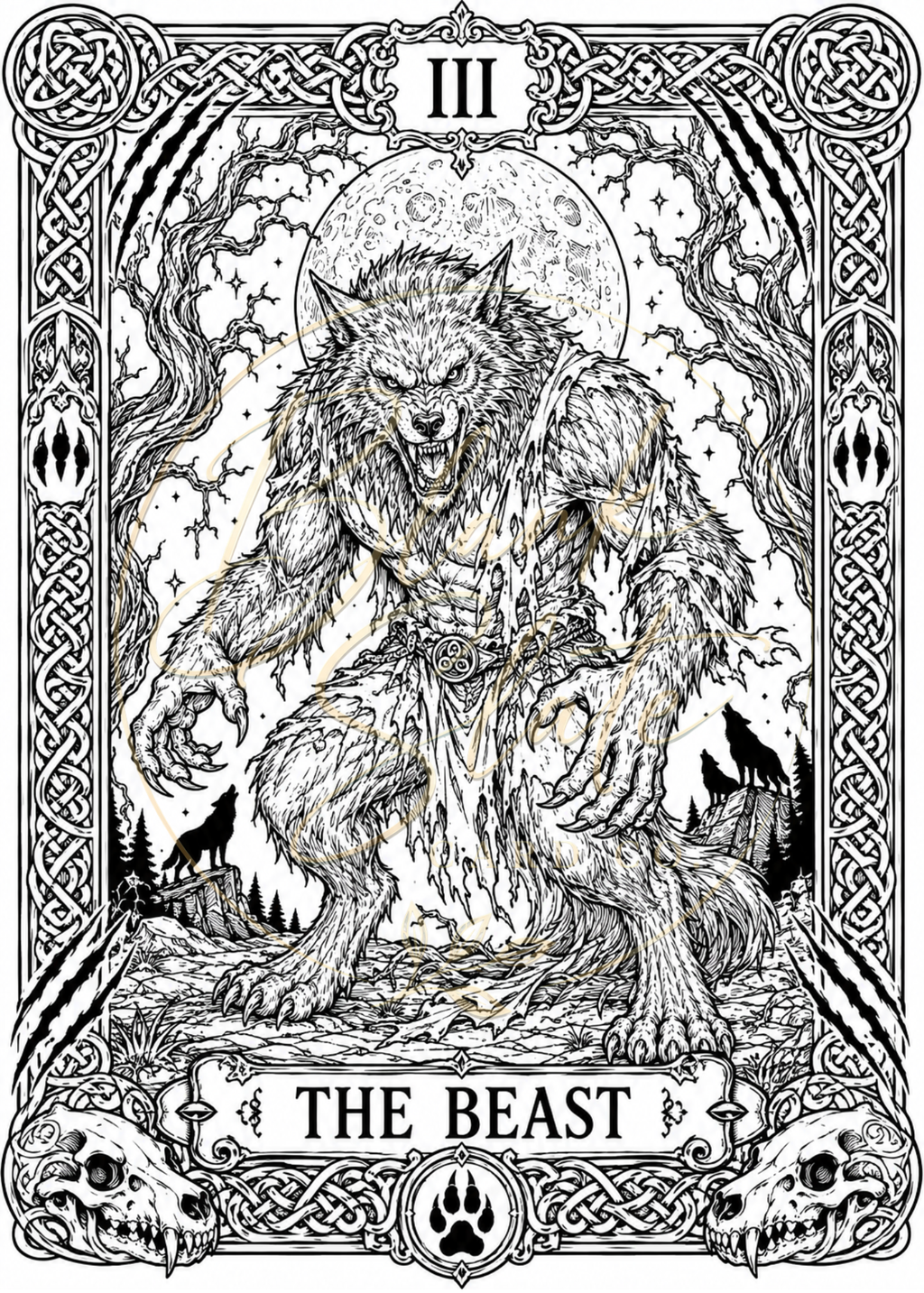 The Beast Halloween Coloring Card – Gothic Werewolf Greeting Card | 5x7 Adult Coloring Card