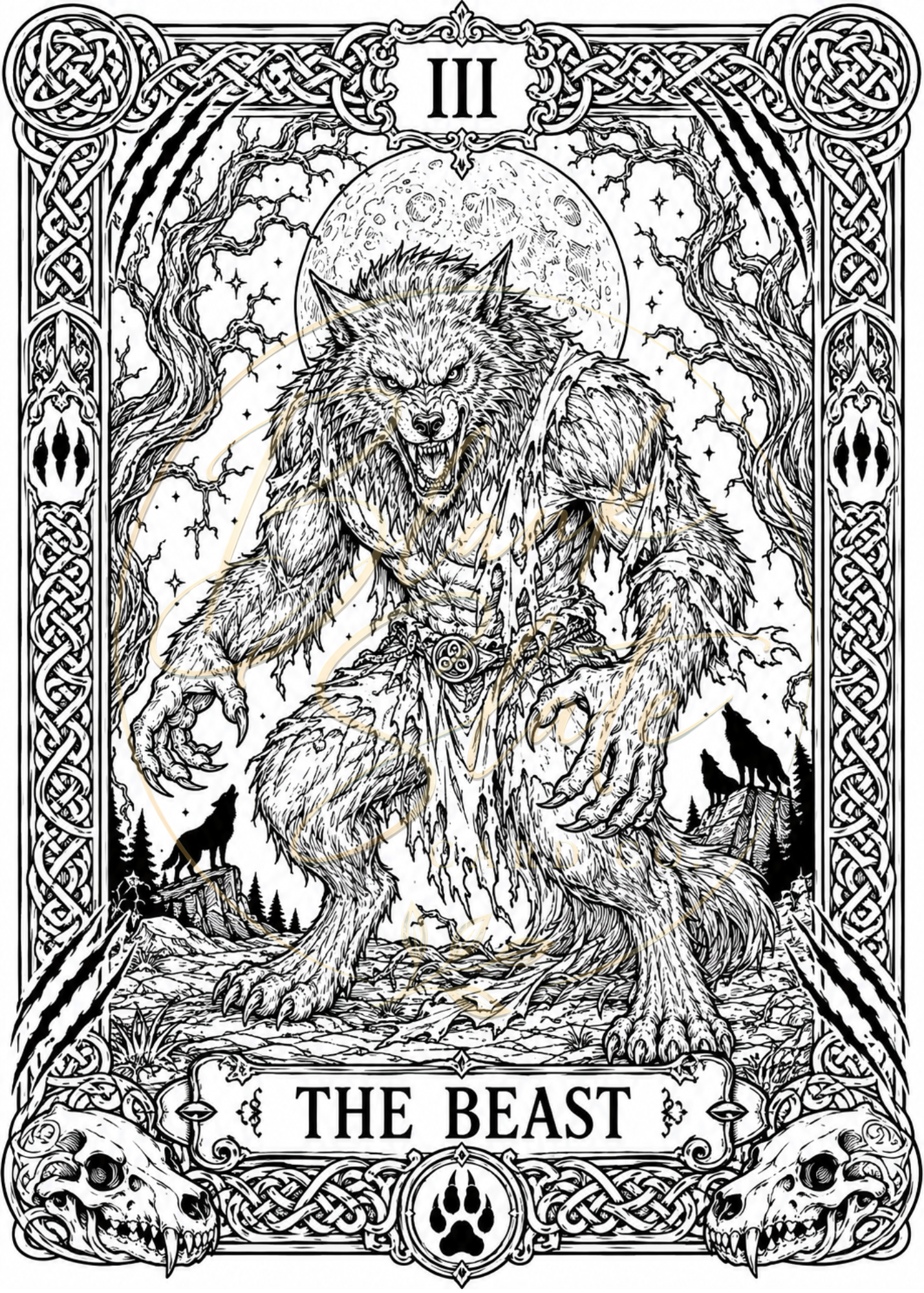 The Beast Halloween Coloring Card – Gothic Werewolf Greeting Card | 5x7 Adult Coloring Card