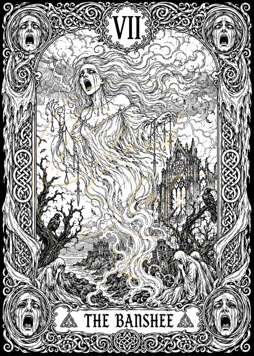 The Banshee Halloween Coloring Card – Gothic Banshee Greeting Card | 5x7 Adult Coloring Card