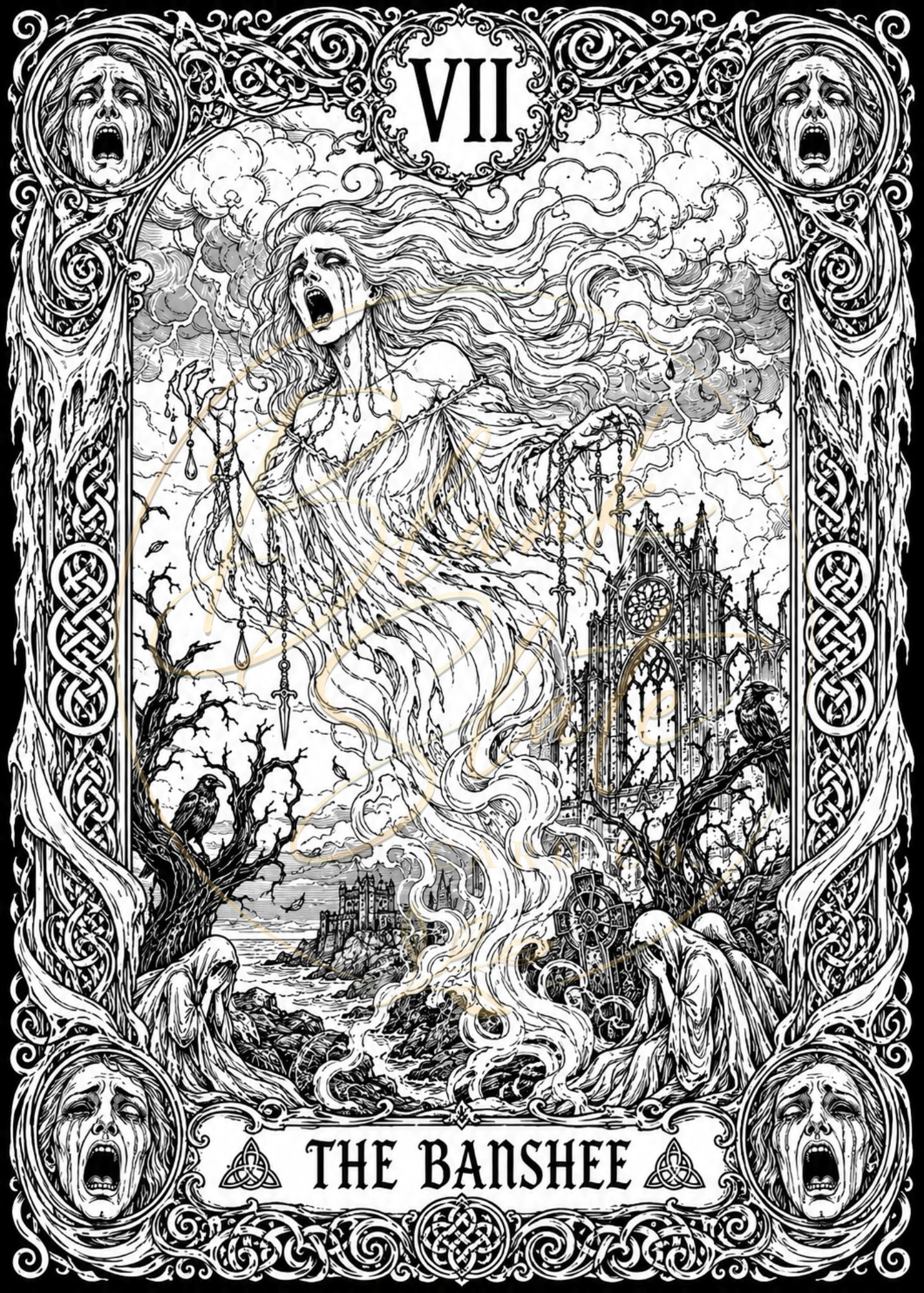 The Banshee Halloween Coloring Card – Gothic Banshee Greeting Card | 5x7 Adult Coloring Card
