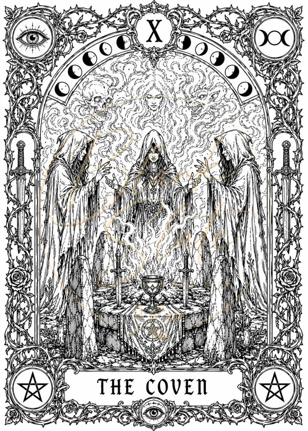 The Coven Halloween Coloring Card – Gothic Witch Coven Greeting Card | 5x7 Adult Coloring Card