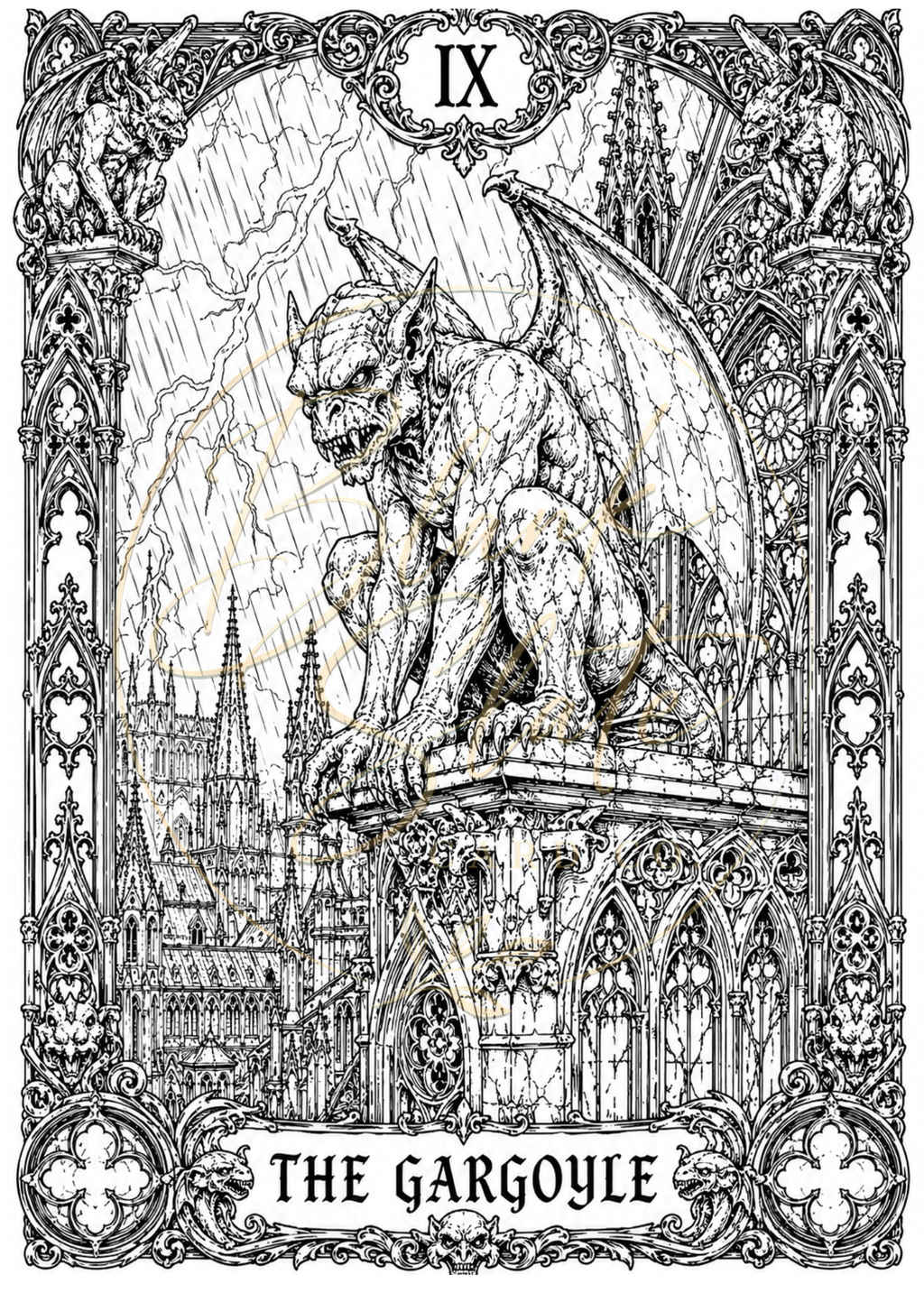 The Gargoyle Halloween Coloring Card – Gothic Gargoyle Greeting Card | 5x7 Adult Coloring Card