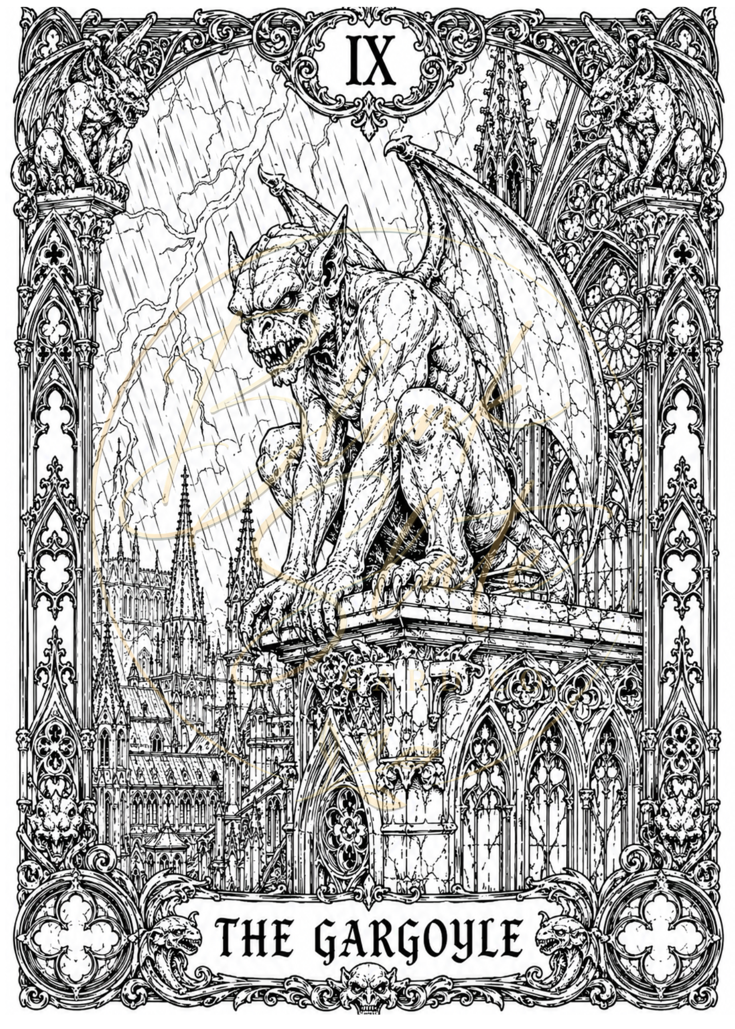 The Gargoyle Halloween Coloring Card – Gothic Gargoyle Greeting Card | 5x7 Adult Coloring Card