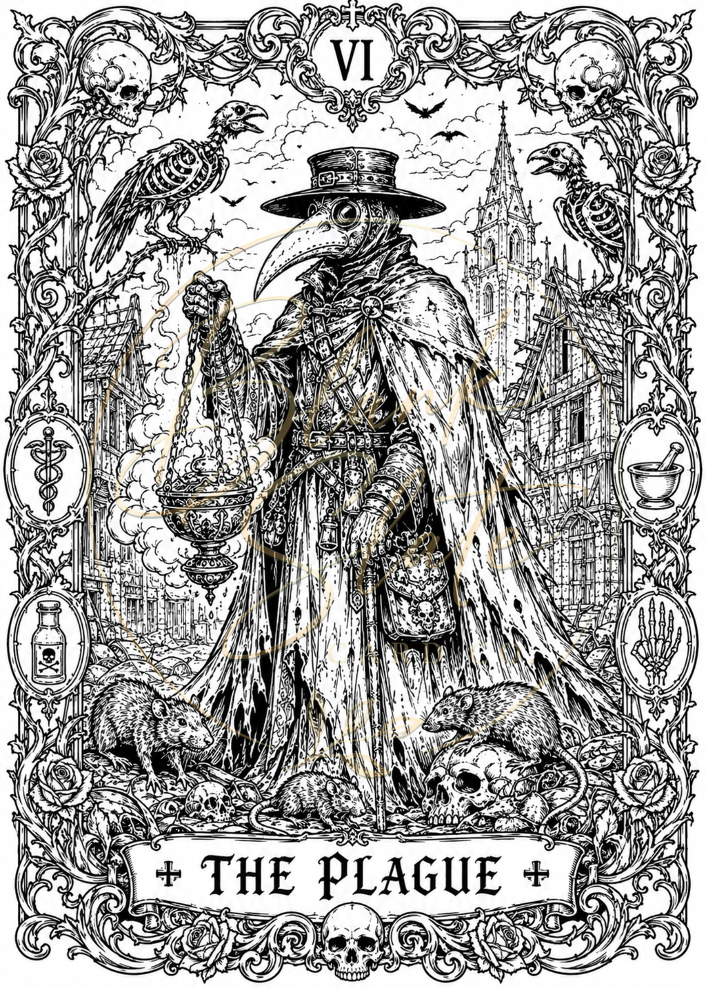 The Plague Halloween Coloring Card – Gothic Plague Doctor Greeting Card | 5x7 Adult Coloring Card